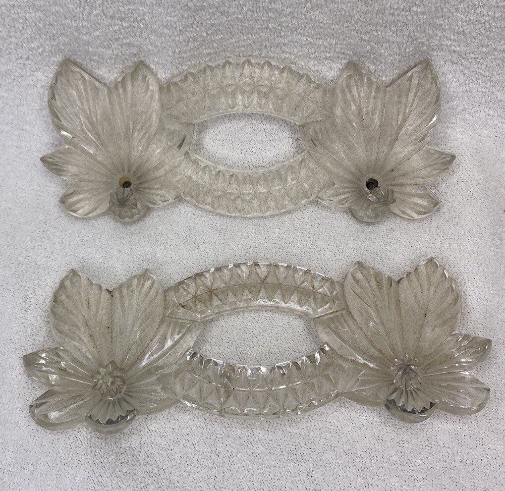 VINTAGE ART DECO Pressed GLASS Drawer Pulls VANITY TRAY HANDLES W KNOB SCREWS