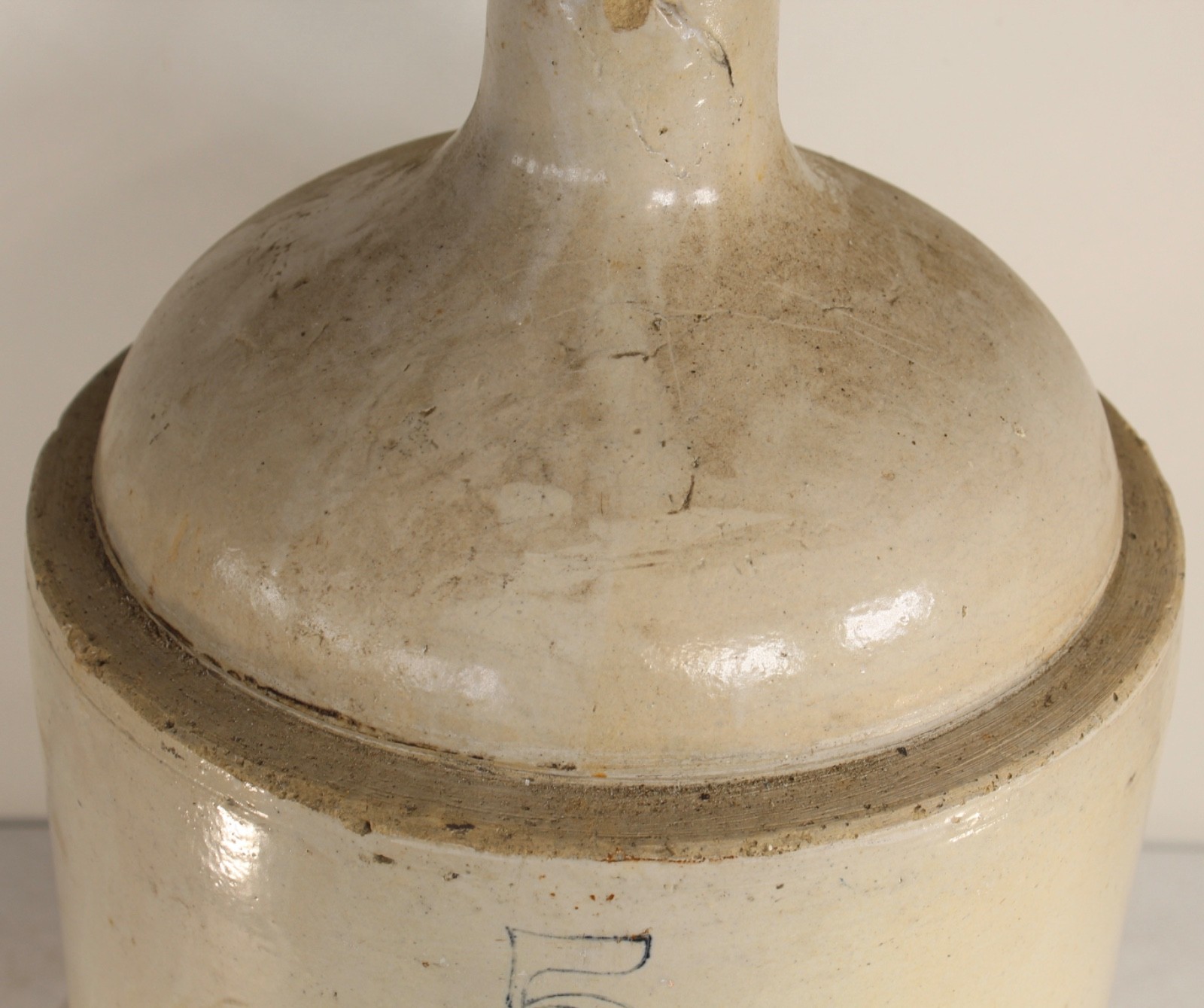 Antique Jug Stoneware Pottery Jug Marked 5 Primitive Americana LARGE Heavy Jug