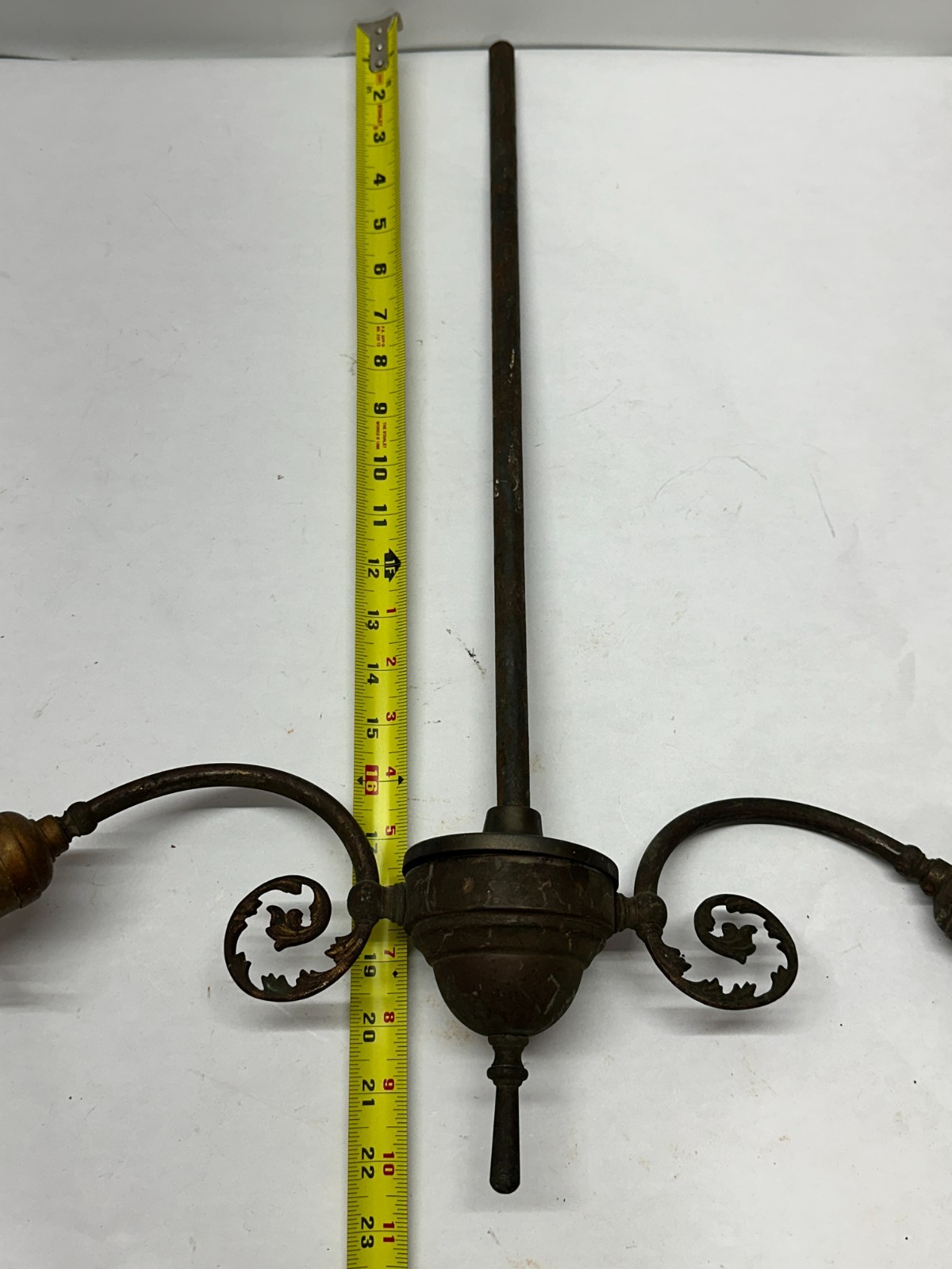Antique Double Arm Brass Hanging Electric Light Fixture w/ Shade Holders Mica L1