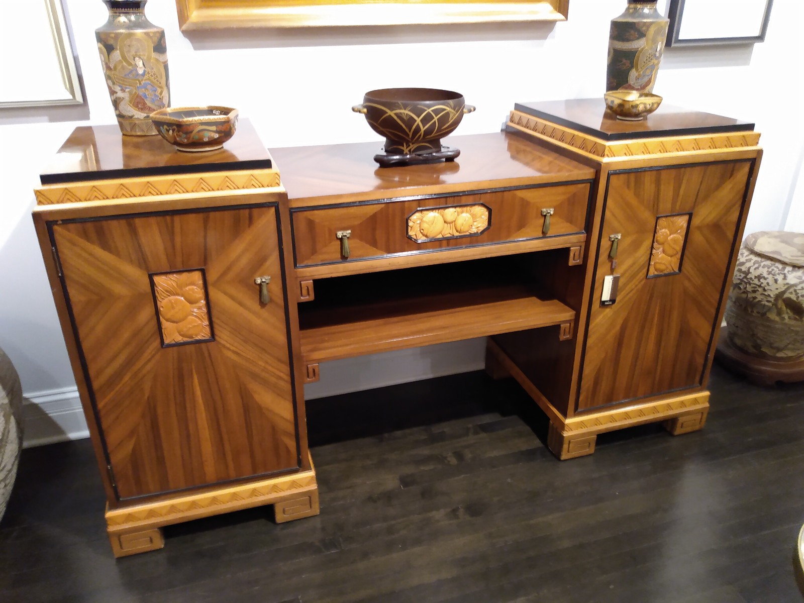 ART DECO SIDEBOARD / BAR WITH DRAWERS WALNUT MAPLE BRONZE FRANCE CIRCA 1930