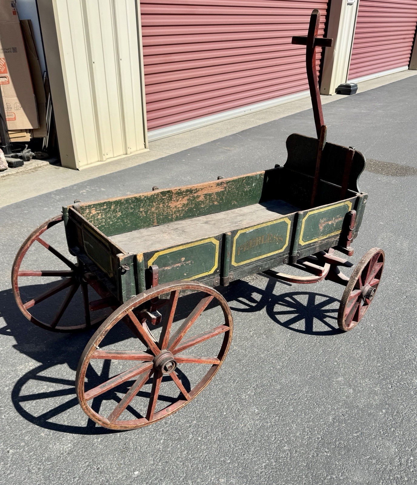 Antique Peerless Wooden Iron Wheel Pull Wagon 19th Century Primitive Goat Cart