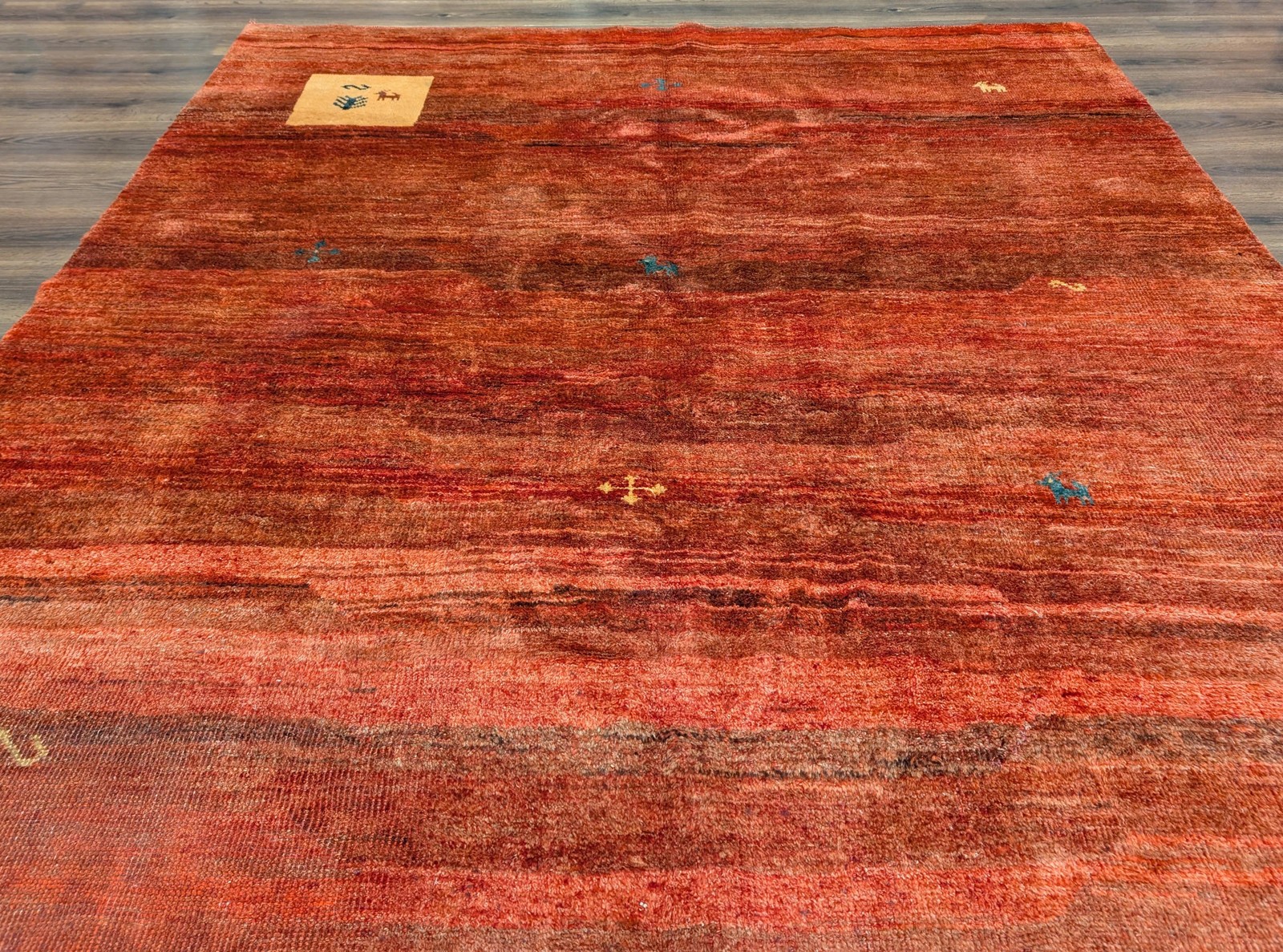 Per’sian Gabbeh Rug 8×10, Animal Pictorials, Bohemian, Rust Red