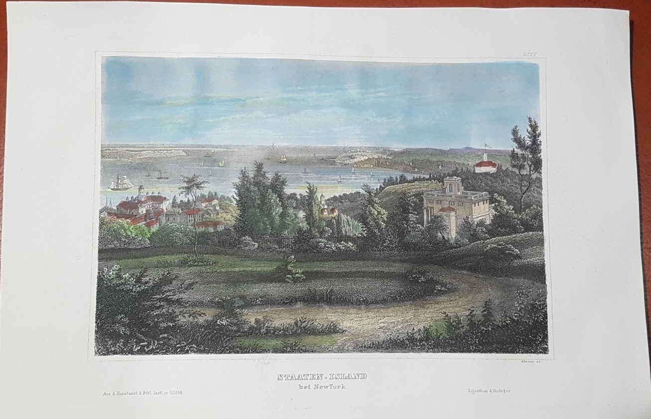 1834 handcoloured Bibliogr. Institut H.Meyer View of Staten Island, N Y,