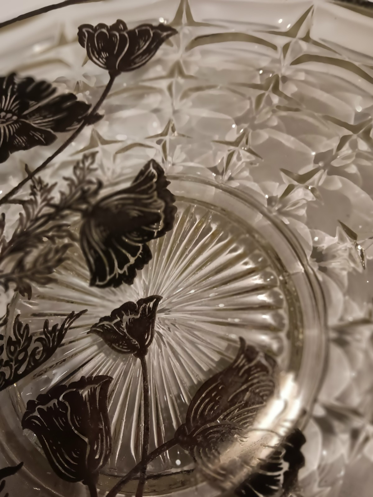 Vintage 1930 Art Deco Silver Overlay Glass Platter. Flowers