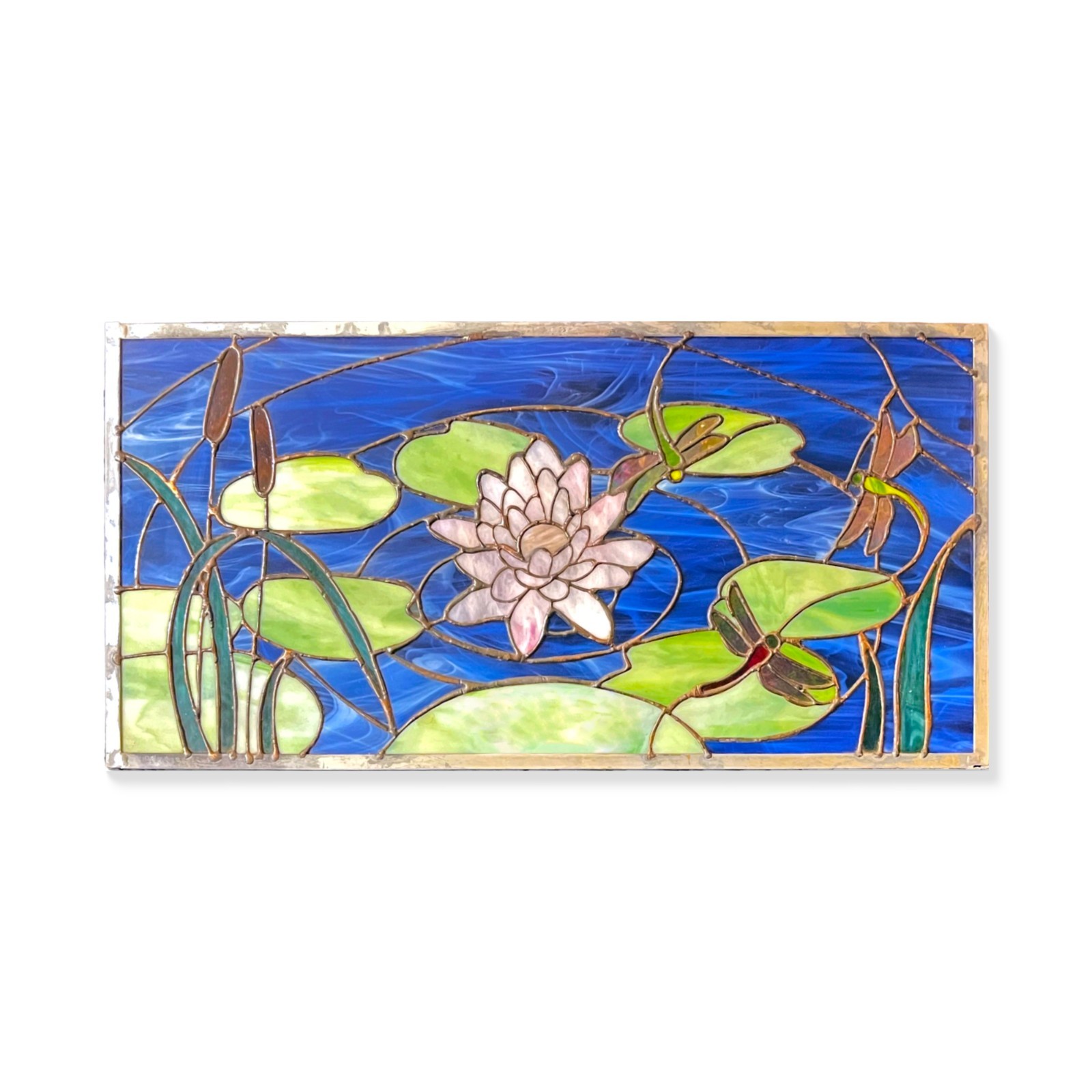 Artisan Stained Glass Transom Window Dragonflies, Cattails & Lily Pads 28″ x 14″