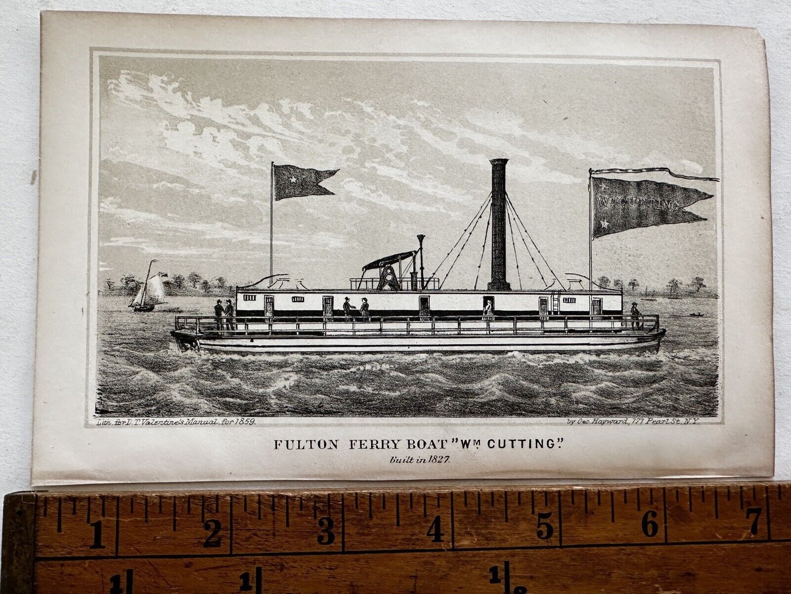 NYC Fulton Ferry 1827 boat “Wm Cutting” 1859 antique Hayward nautical print