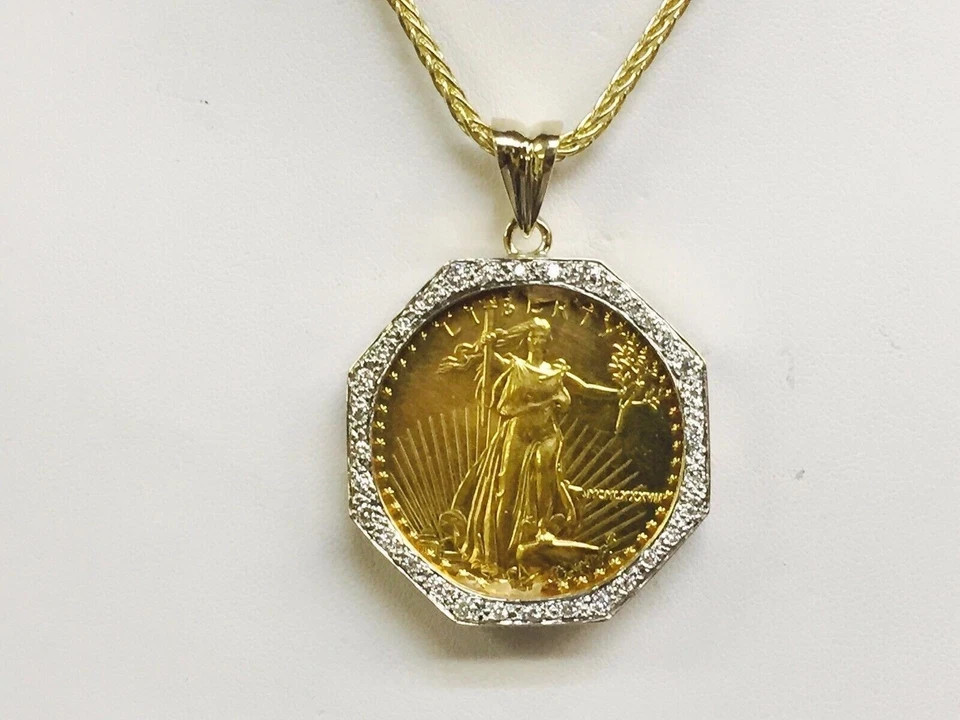 2Ct Round Lab Created Diamond Lady Liberty Coin Pendant 14K Yellow Gold Plated