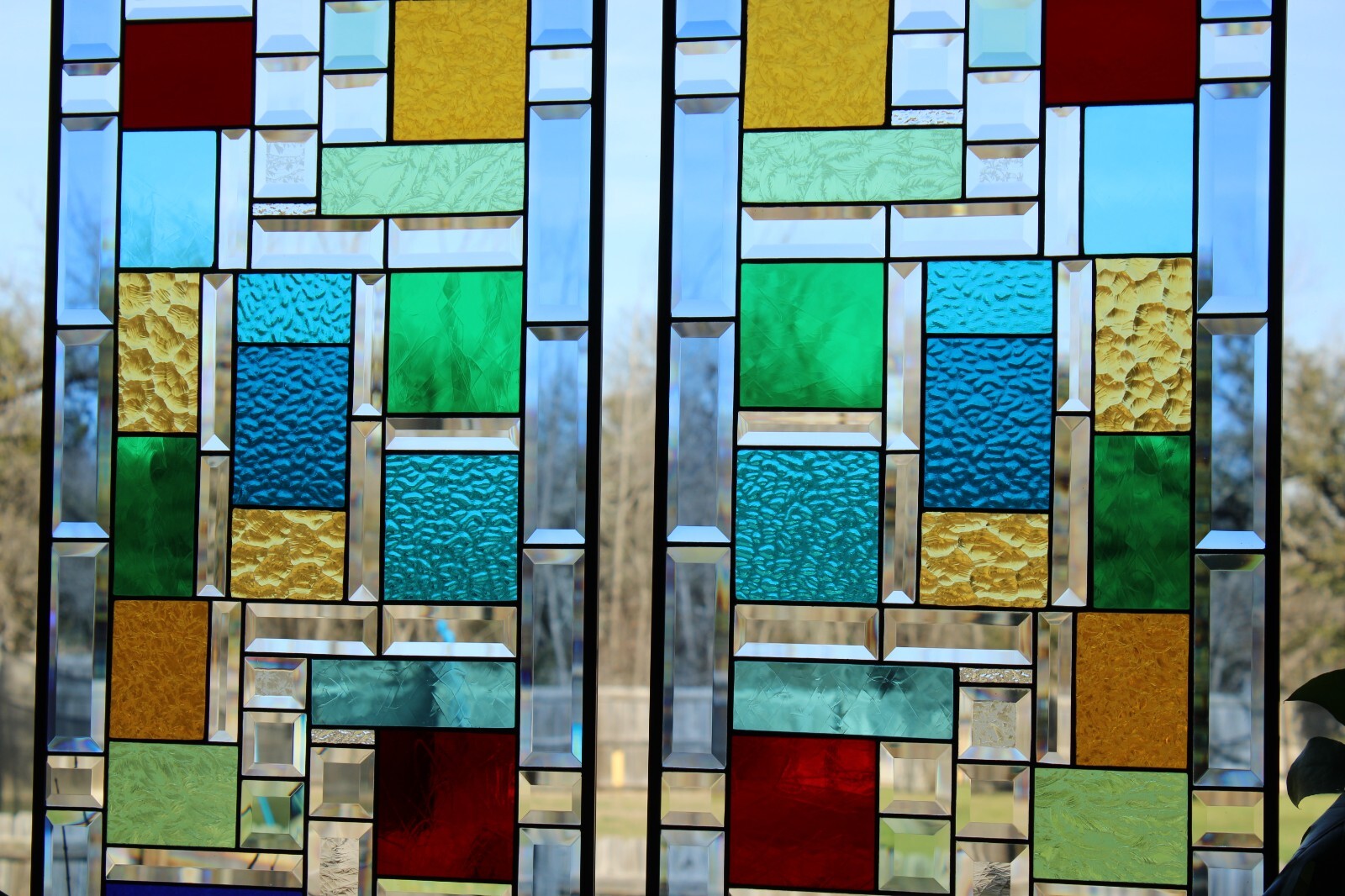 Stained Glass window pair, hanging panels each panel37.5×16.5 ” colored glass