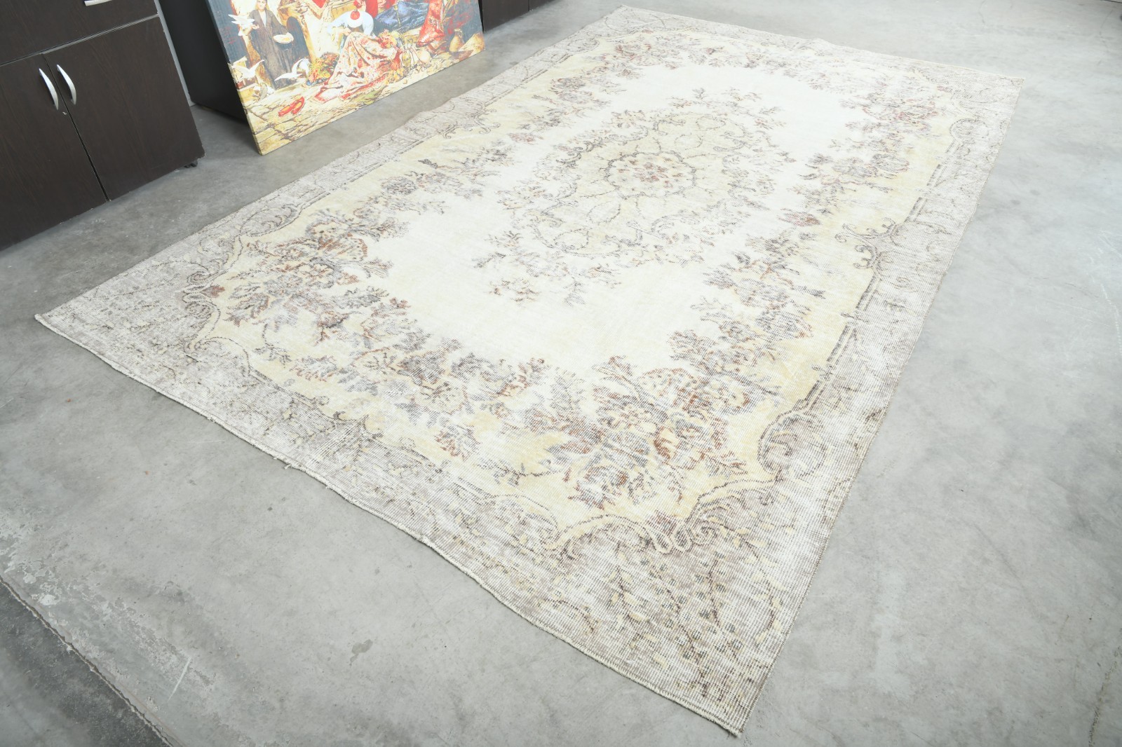 vintage turkish rug 7×10 area hand-knotted oushak wool traditional carpet,1312