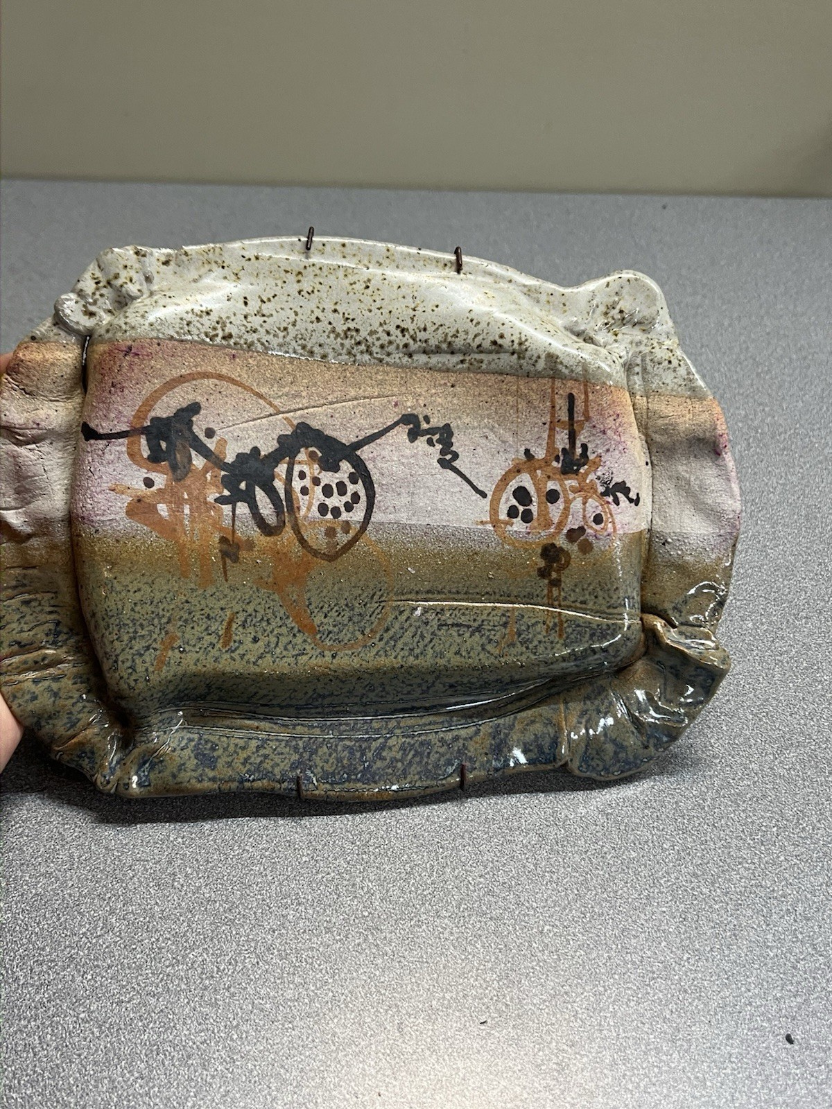 VINTAGE JAPANESE HAND-PAINTED GLAZED POTTERY ENTREE DISH. 20th C. H8”xW10.5”