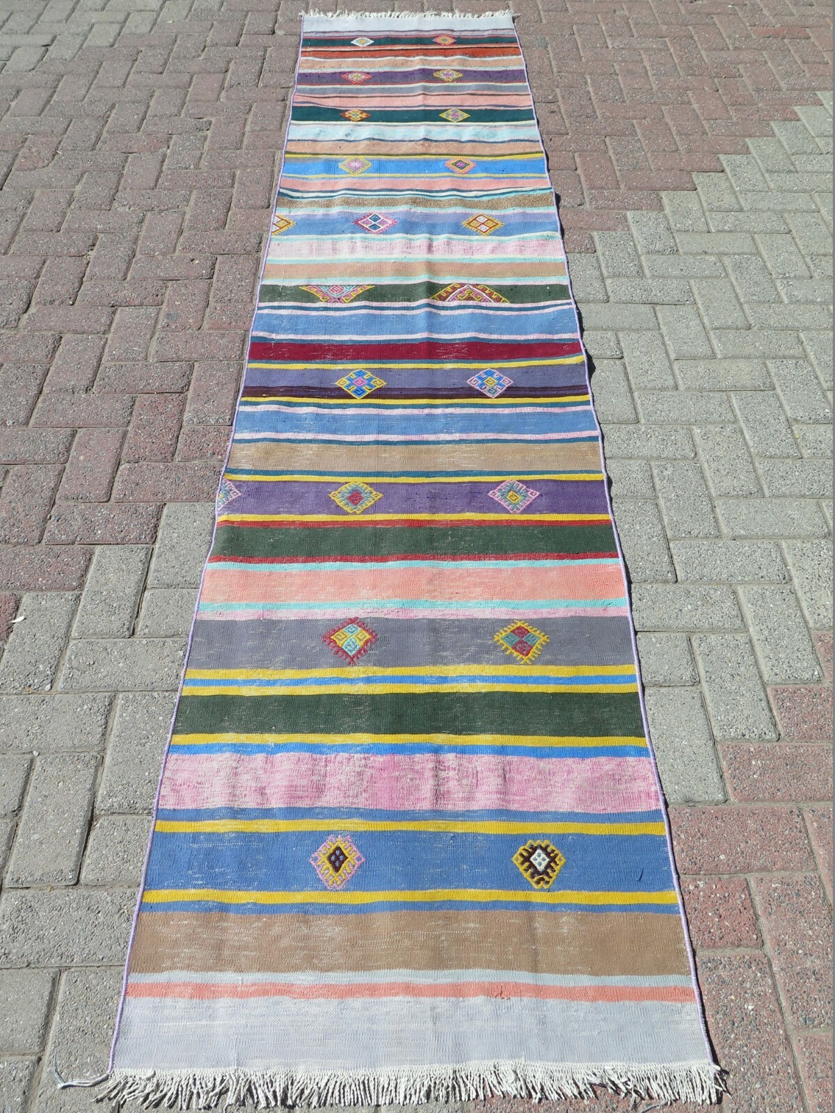 Colorfull Turkish Kilim Runner, Handwoven Hallway Rug, Long Wool Carpet 28X126″