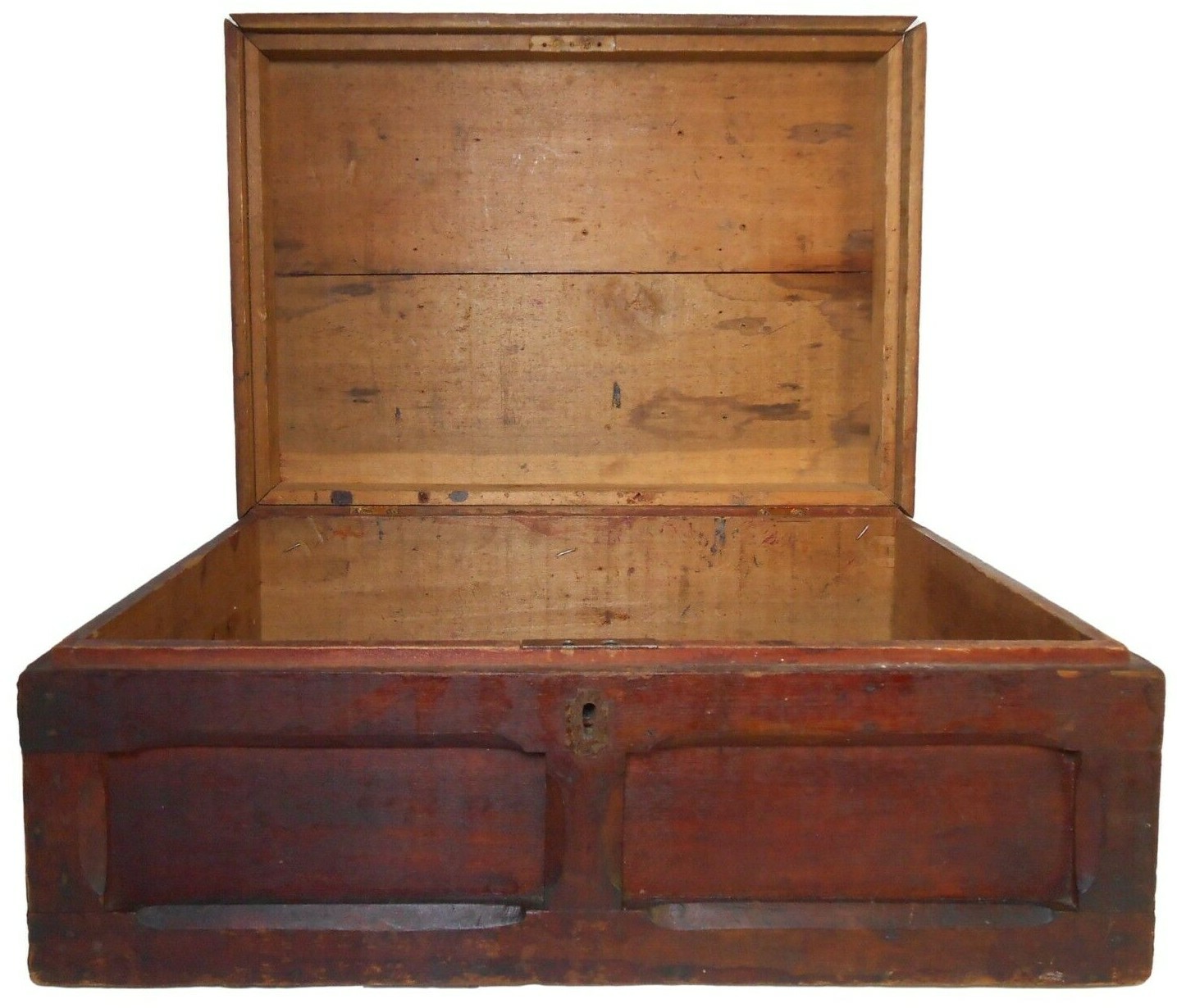 MID-19TH C AMERICAN ANTIQUE CHAMFERED PANEL, HINGED LIDDED WDN BOX W/OLD LACQUER