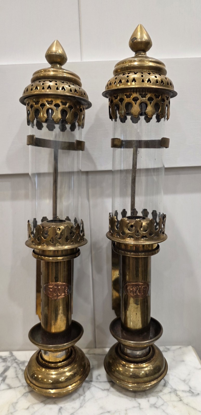 Vintage Brass & Glass Railway Train Carriage Wall Sconces; Wax Candle Use