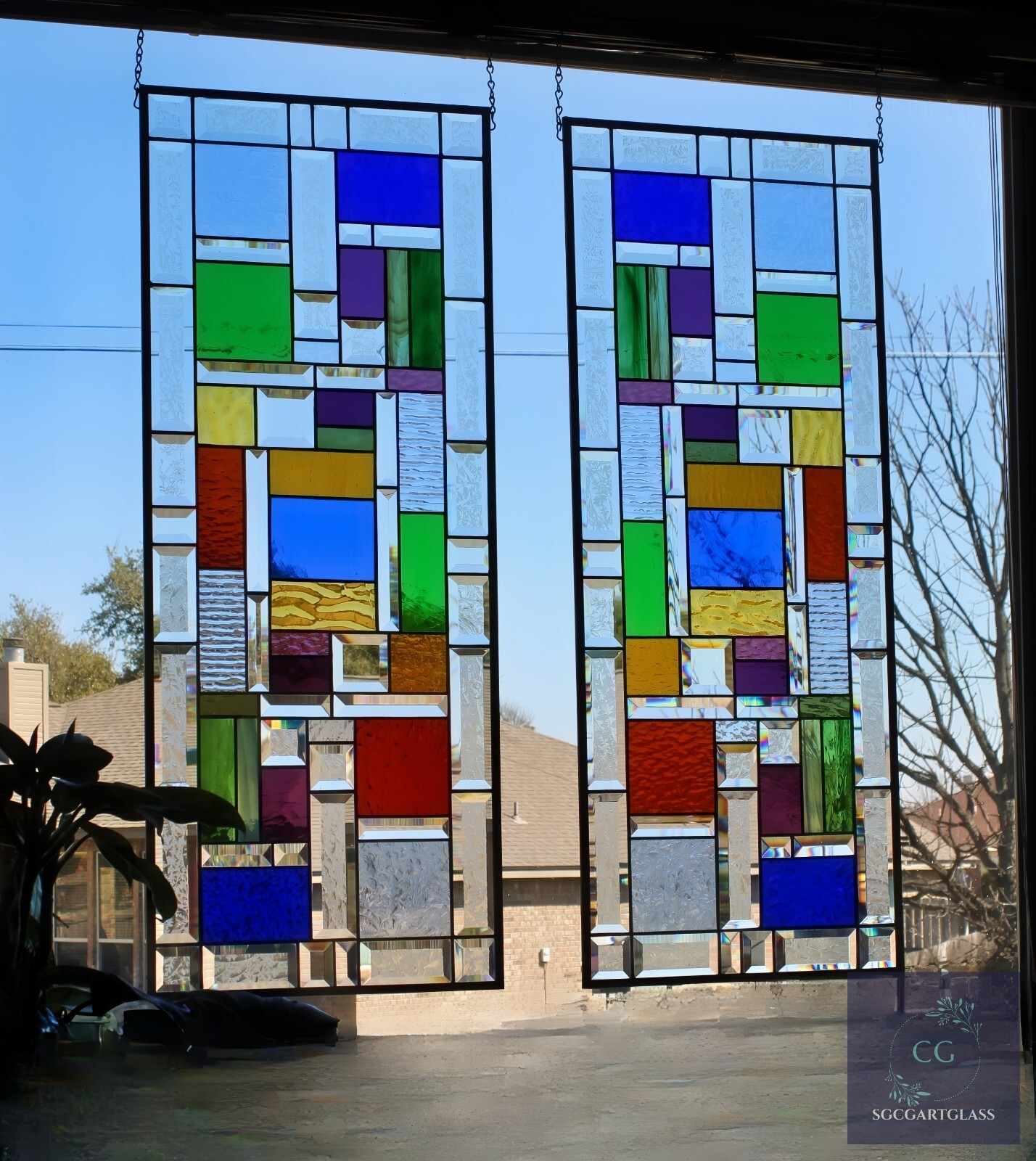 Stained Glass Window Panels: Frosted Beveled Border, Geometric Pair 15×37