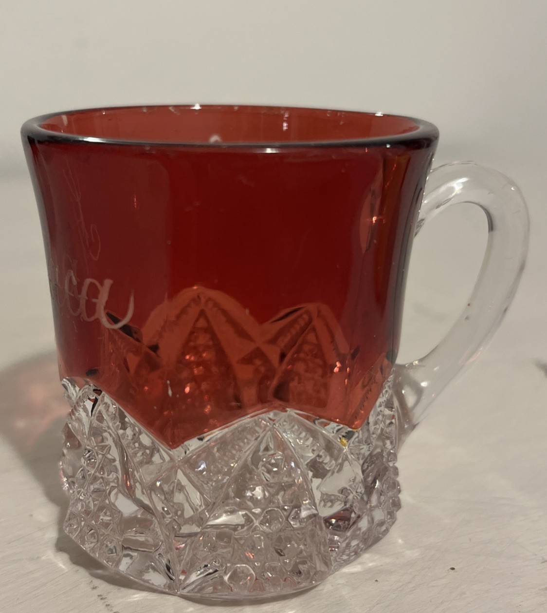 Antique Ruby Red Flash Souvenir Glass CUT GLASS COFFEE MUG Ithaca
