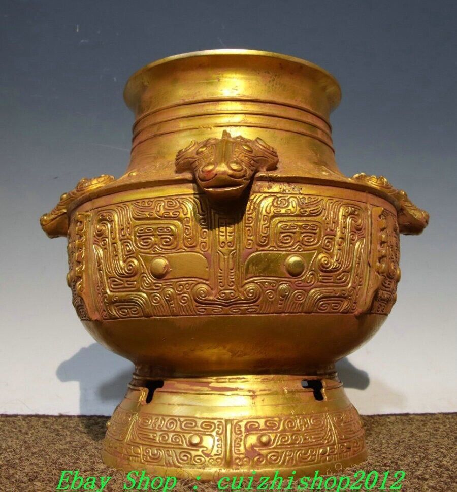9″ Old Chinese Dynasty Bronze Ware Gold Sheep Head Beast Face Wine Jar Pot Crock