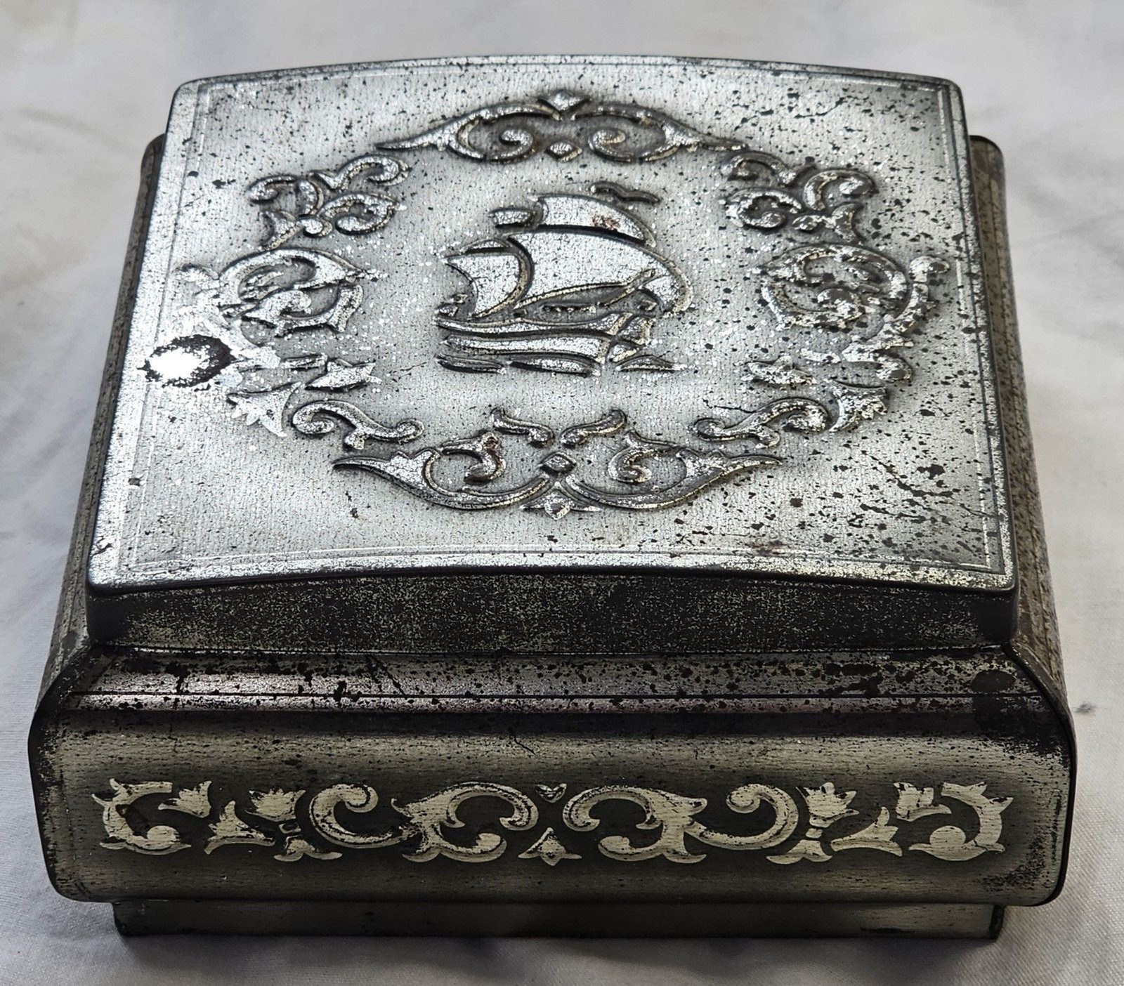 Vintage RARE Ornate Metal Trinket Box–Western Germany Sailing Ship & Scrollwork