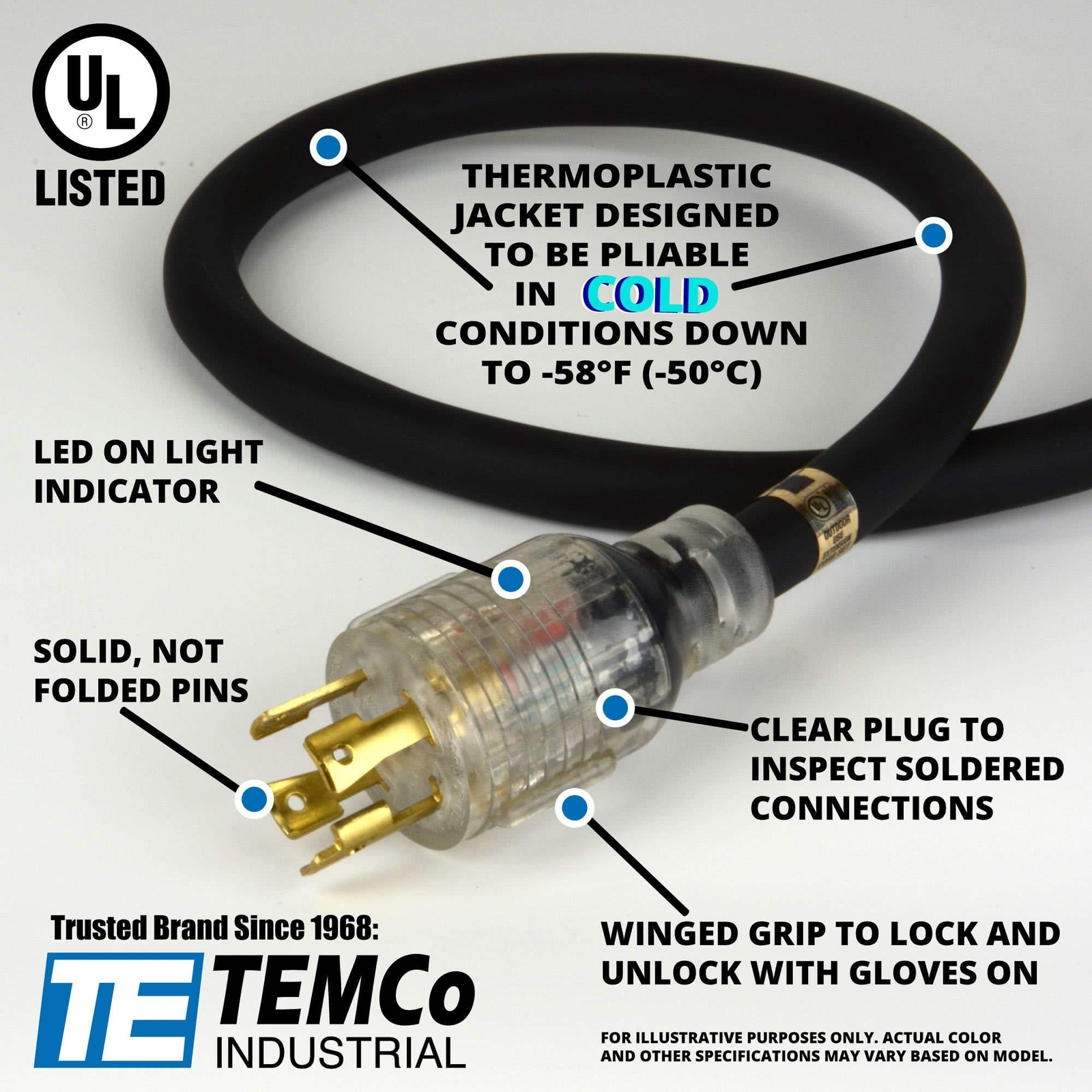 TEMCo 30 ft L14-30 – 30Amp Extreme Cold Weather Generator Extension Power Cor…