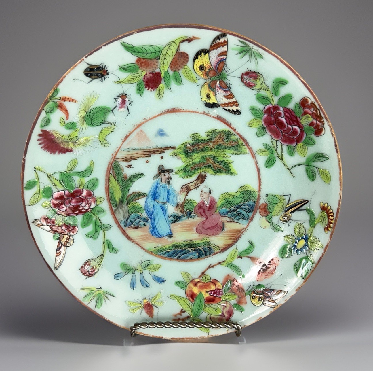 Chinese Export Celadon Plate Famille Rose Mandarin 7.5” Late Qing c1860