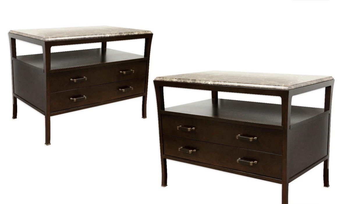 Pair of Bill Sofield For Baker Walnut Marble Top Nightstands