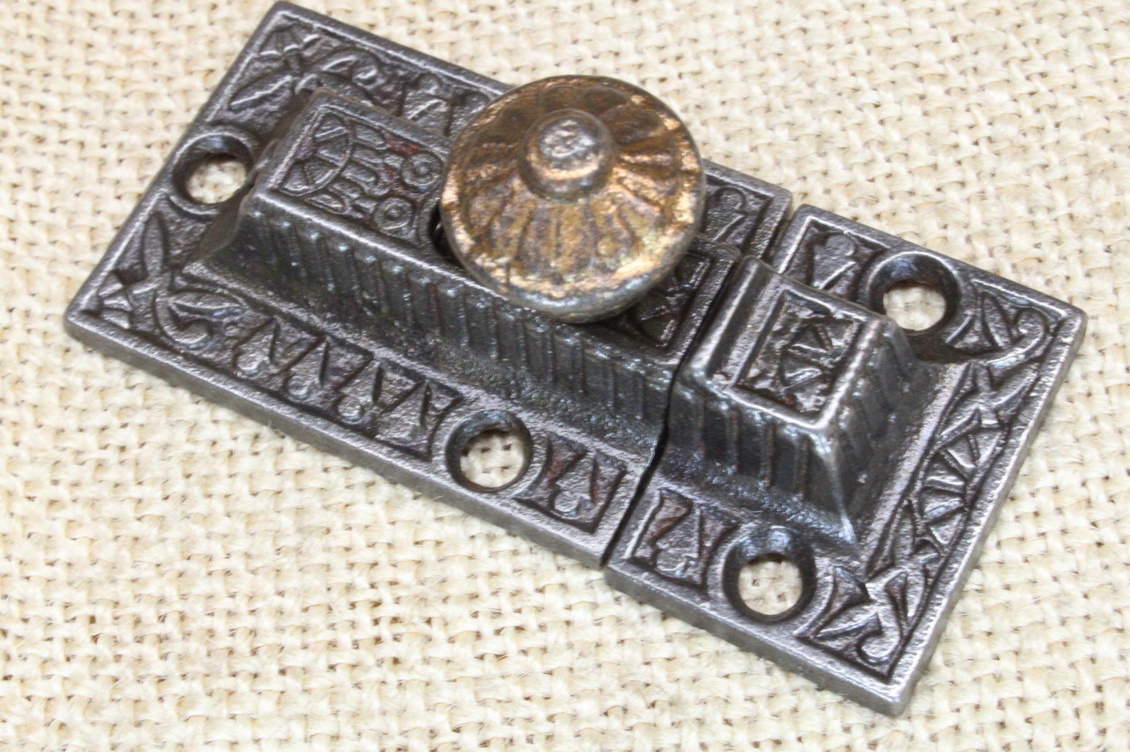 Old Cabinet Latch Catch Cast Iron Brass color Sunrise Knob Windsor Vine Scroll