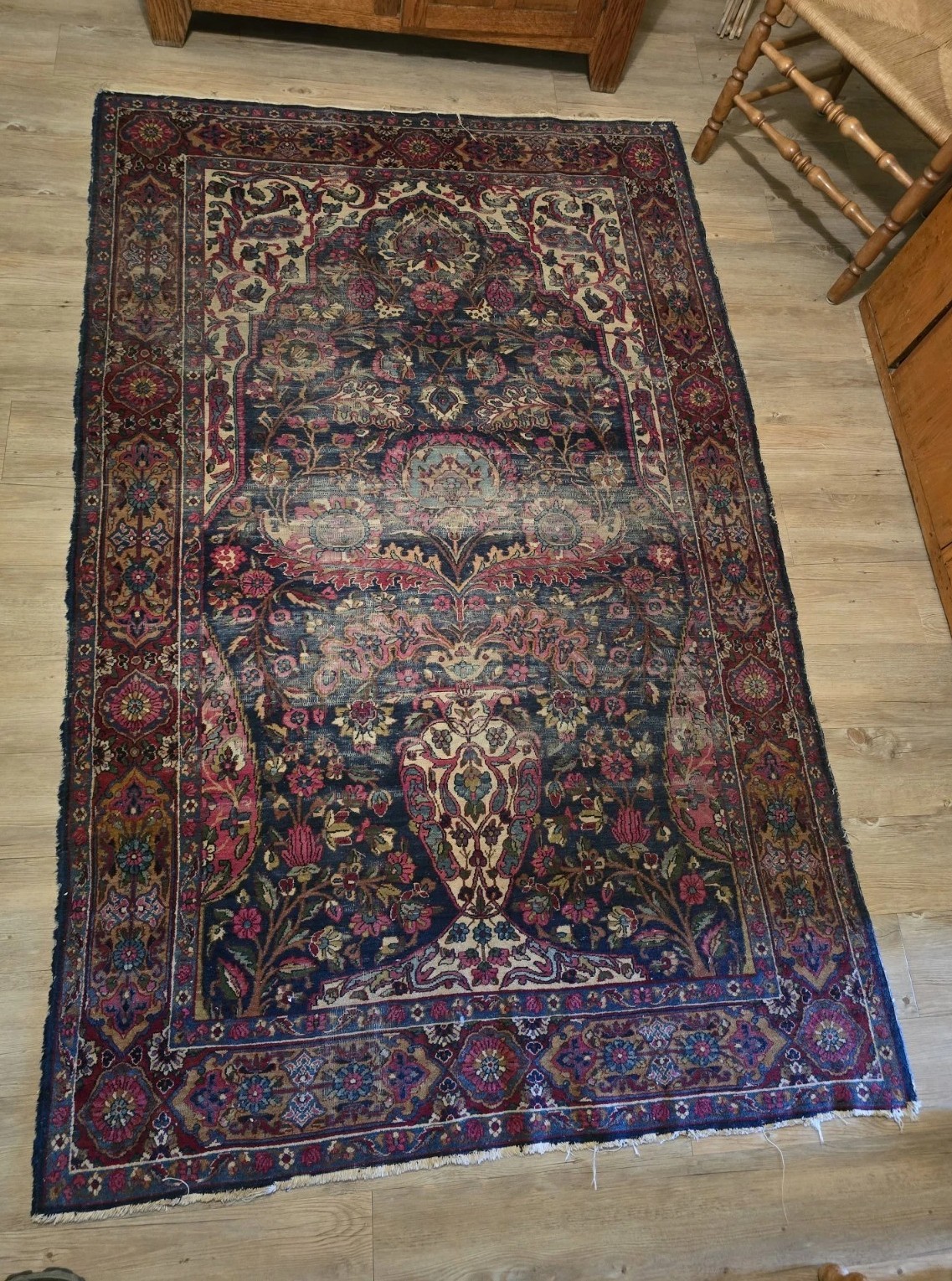 Antique Wool Cotton Circa 1910 Gently Worn Rug Carpet 4’10 X 7’5″