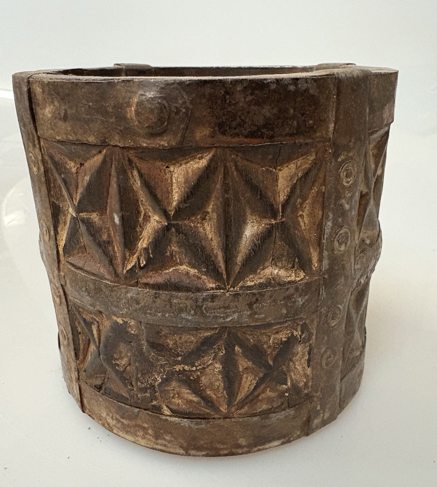 Antique Handcarved Wood& Metal Grain Paili Pot Made in India 4×4.5” RARE ITEM