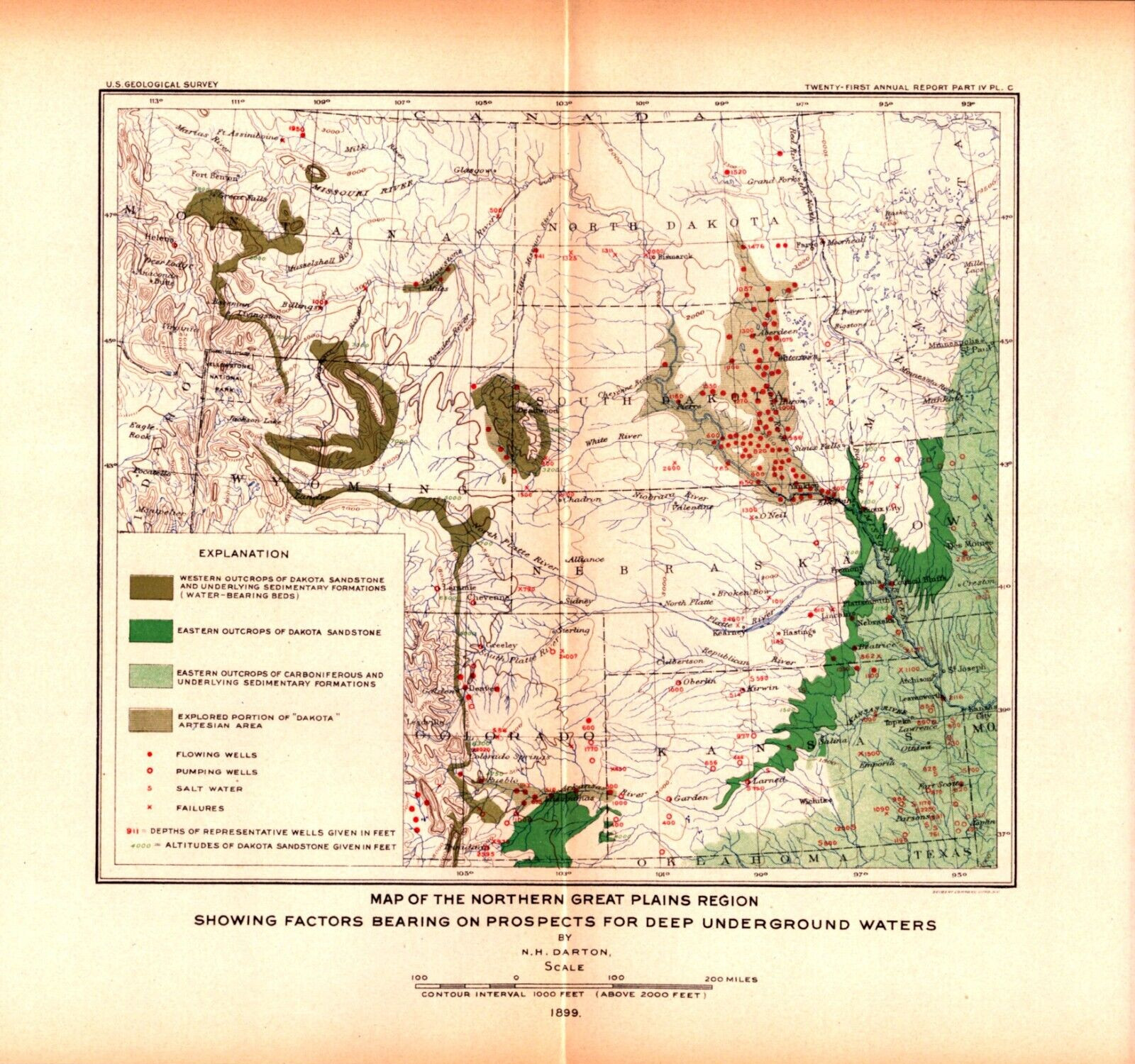 North & South Dakota-Nebraska-Wyoming-Montana — USGS Deep Water Map, Darton 1901