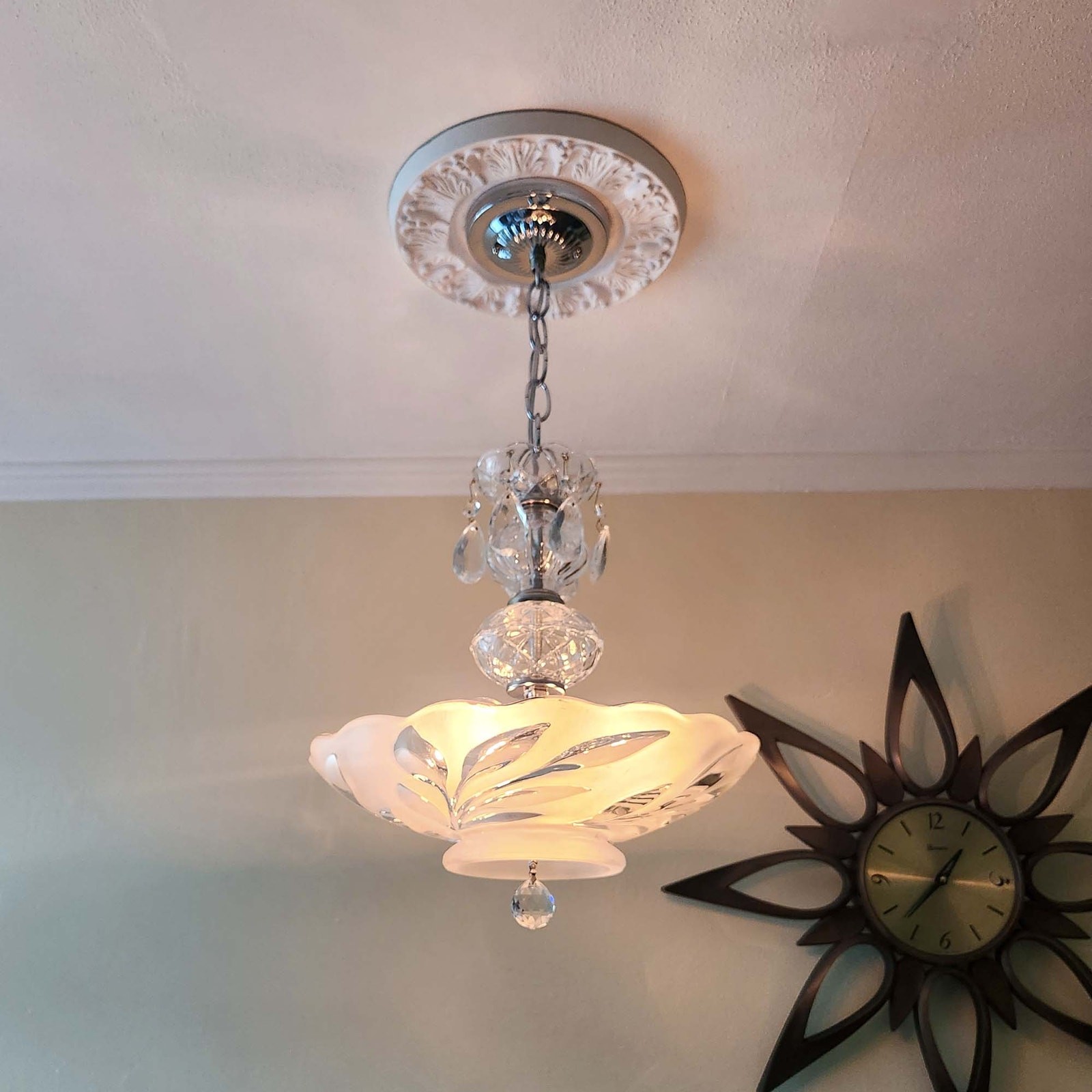 Antique Vintage 1930s – 40s Art Nouveau Glass Chandelier with Crystal Accents