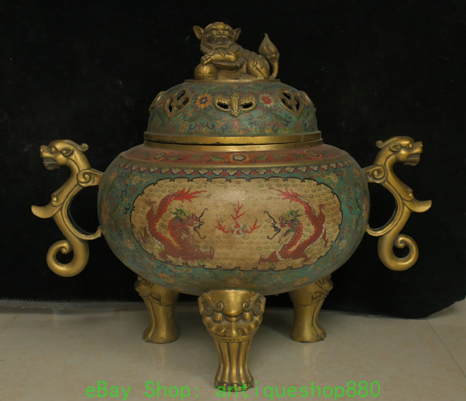 72CM Old Purple Bronze Cloisonne Enamel Gold Dragon Beast Incense Burner Censer