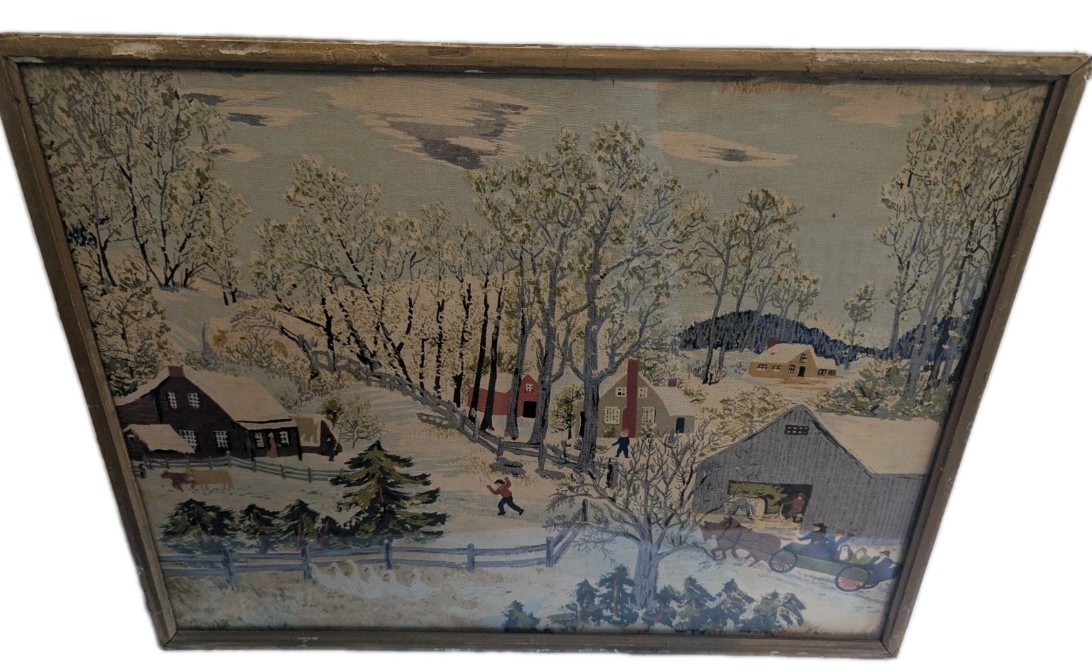 Vintage 1950 Grandma Moses DEEP SNOW Barkcloth Framed Americana Folk 17×21 #17