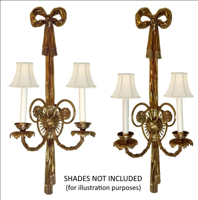 PAIR 33″ Solid Brass Sconces Two-Arm Bow and Tassel Antique Patina Vintage