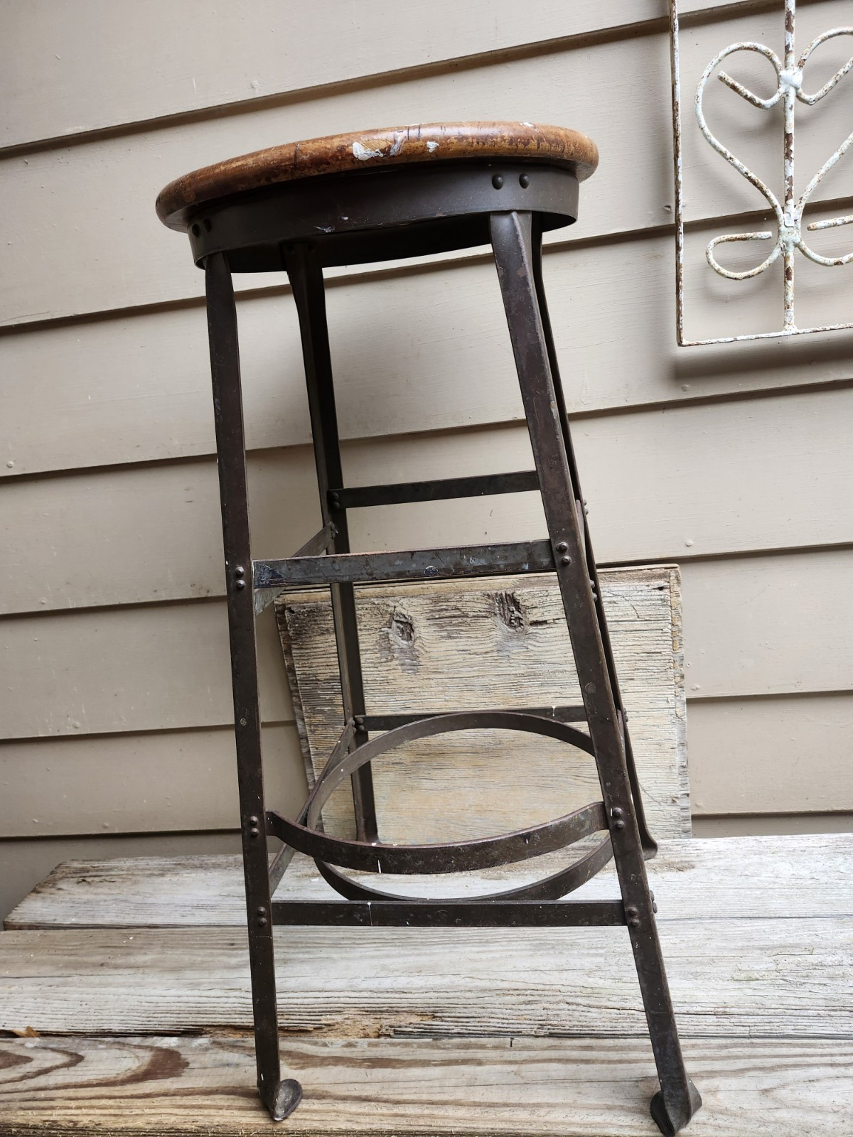 Antique 40s Shop Stool Steel W/ Maple Round Seat & Steel Foot Rest Ht 30 in