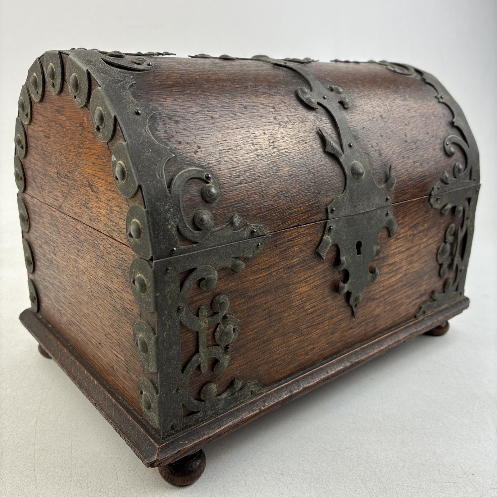 Small Victorian Era Wooden Chest w/ Ornate Metal Mounts and Lock Plate (no key)