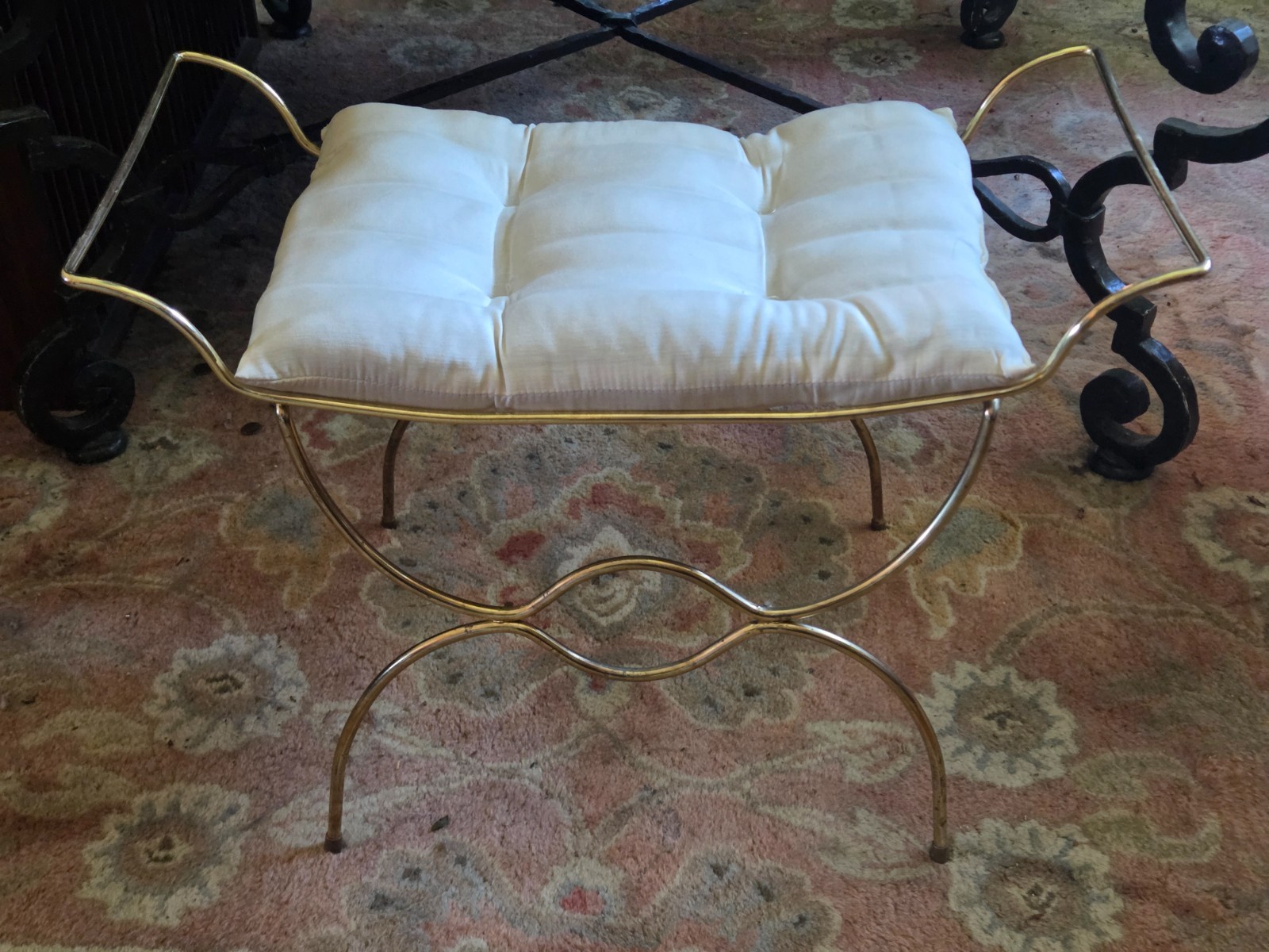 Vintage MCM Art Deco 1970s Hollywood Brass Vanity Chair Stool Seat Bench MCM