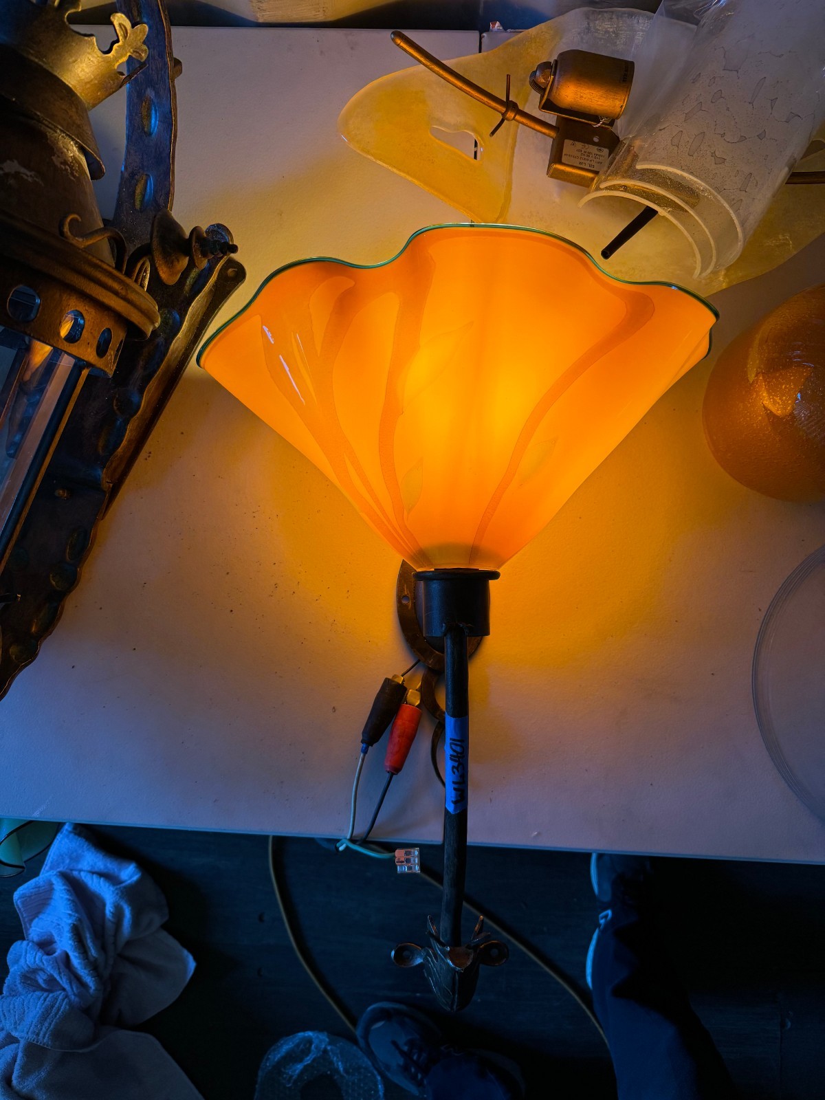 ROBERS German Wrought Iron Wall Sconce Orange Blown Glass Ornate STRINI