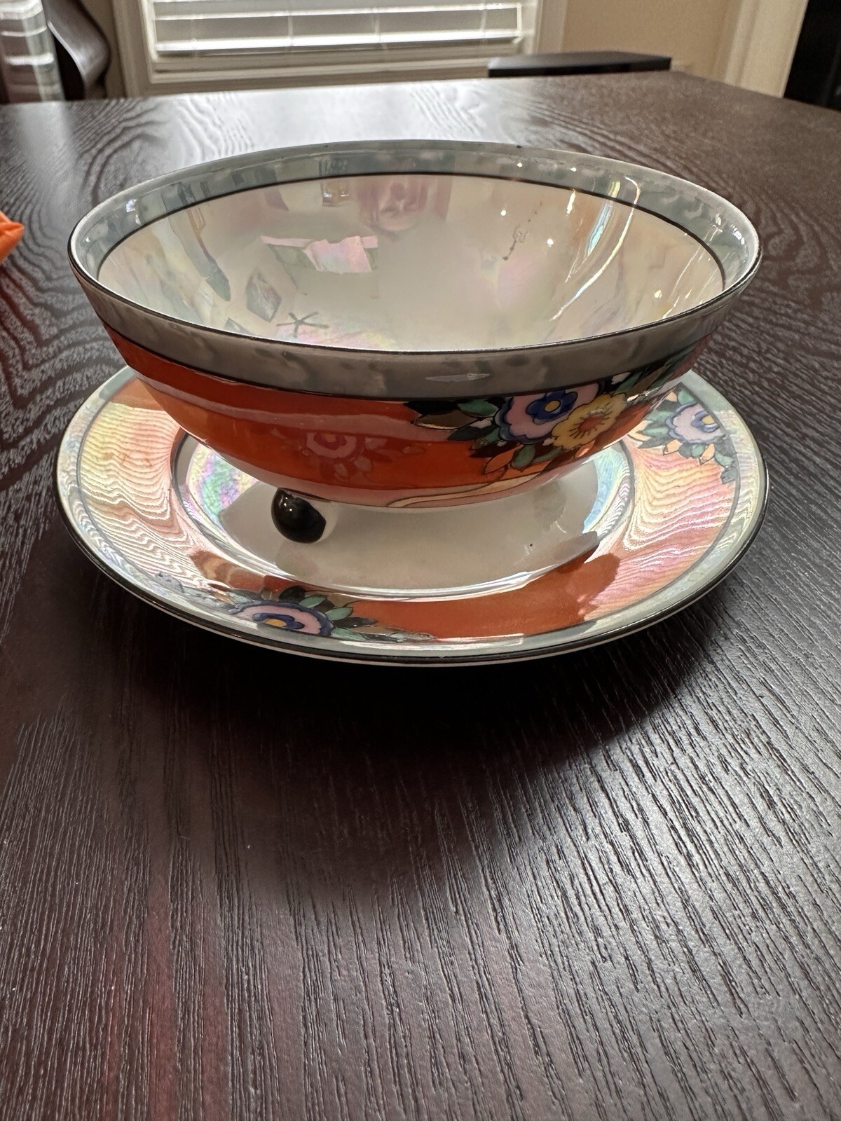 Old Noritake? Art Deco Lusterware Footed Bowl Orange Flowers W Plate