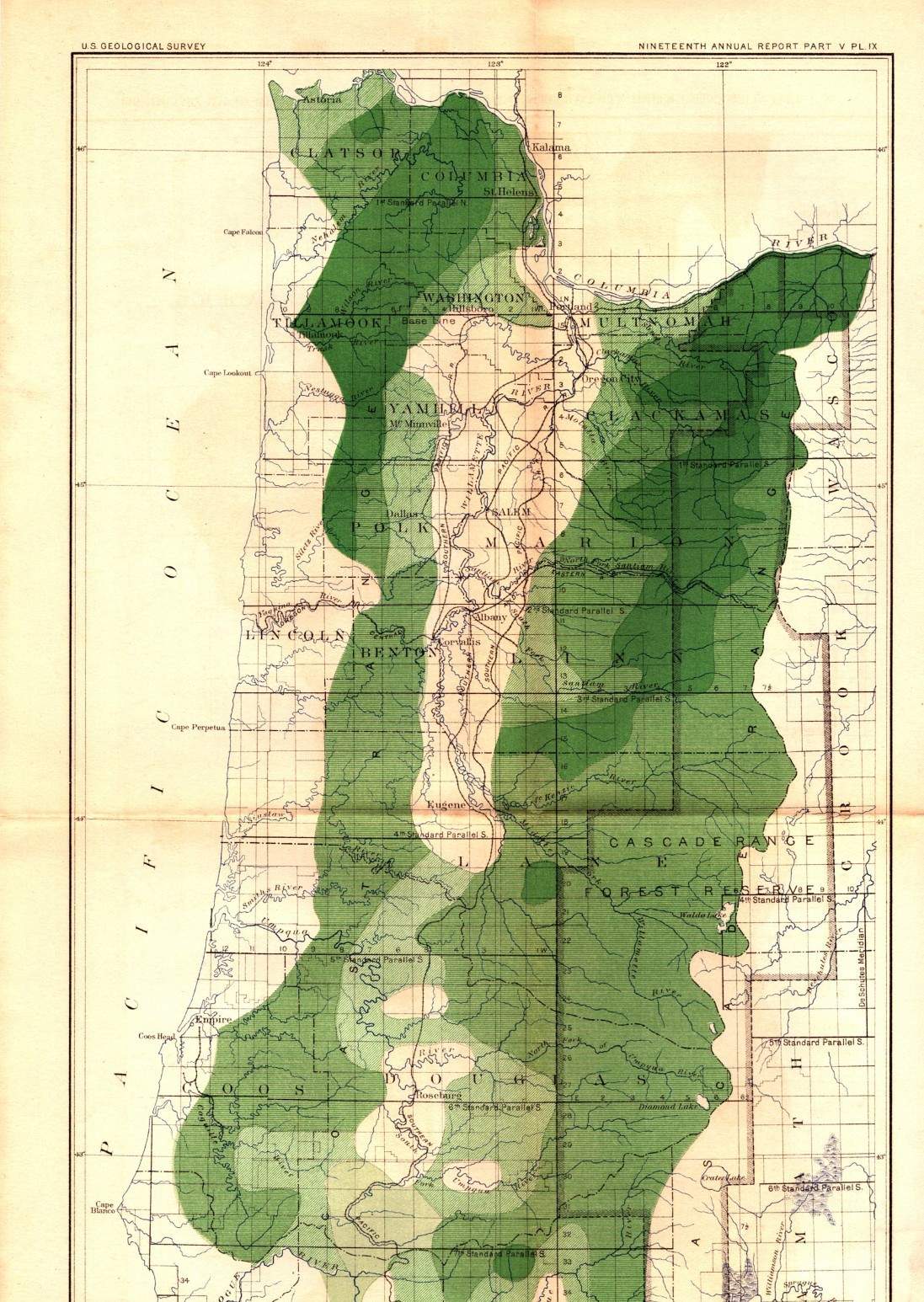 1899 Map Western Oregon Merchantable Timber Density USGS Julius Bien Antique