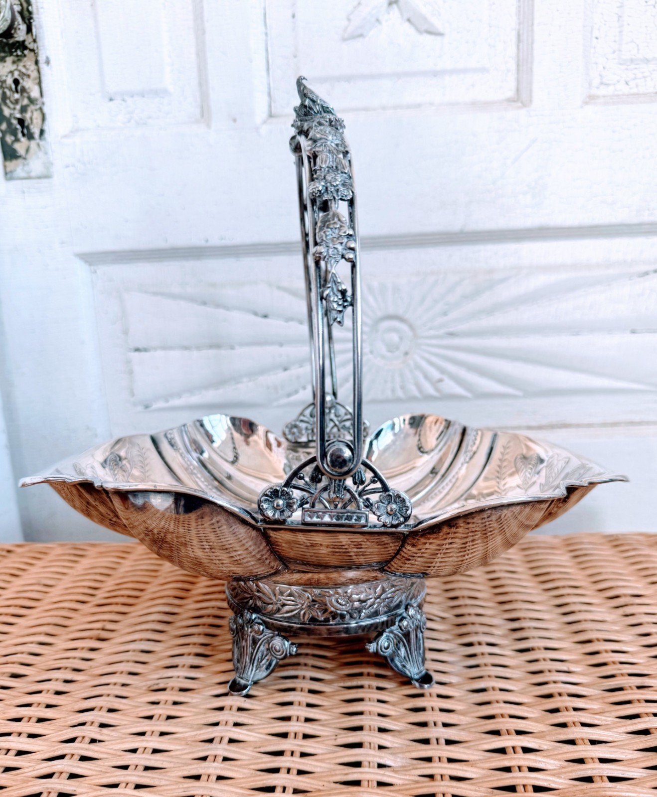 Victorian Meriden Quadruple Silverplate Centerpiece Basket Birds Flowers