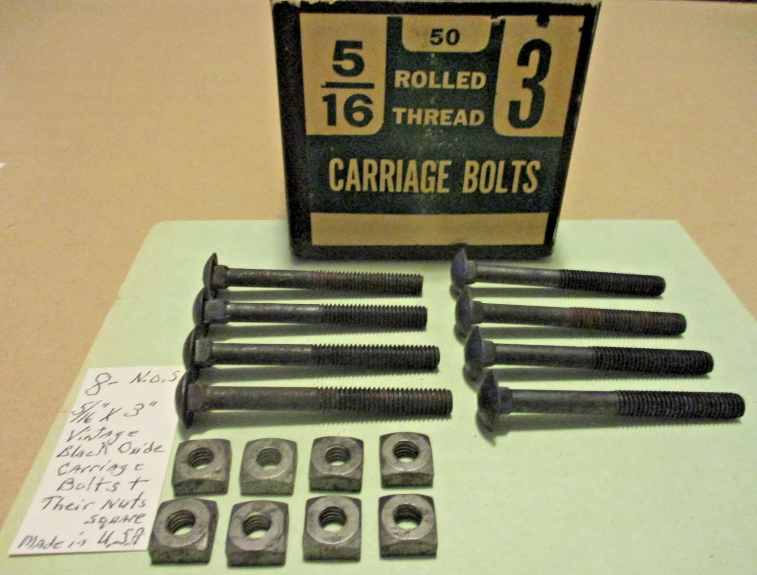 8-NICE-VINTAGE, N.O.S., 5/16″ X 3″ LONG BLACK OXIDE CARRIAGE BOLTS & SQUARE NUTS