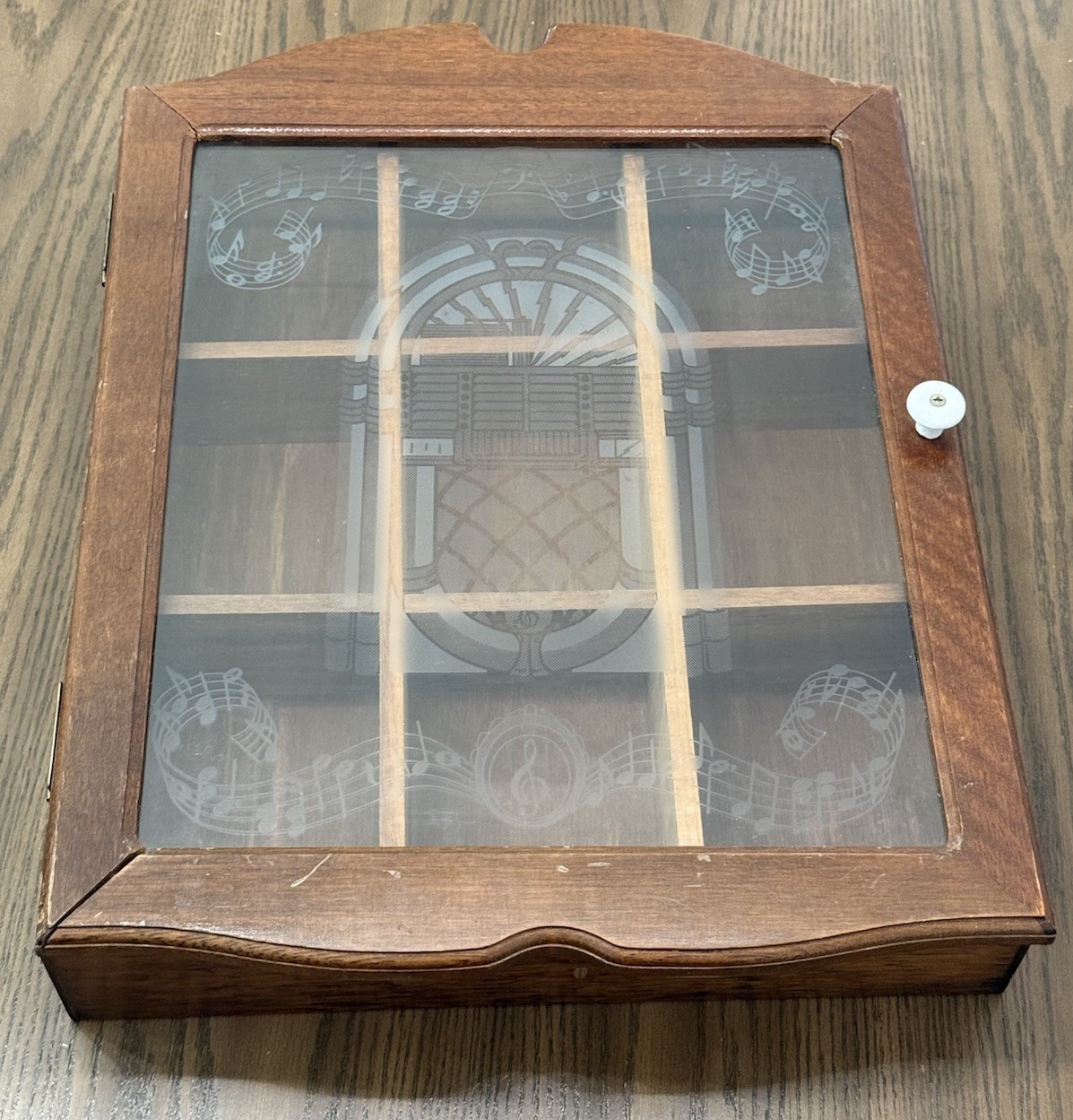 Vtg Wood Curio Cabinet Etched Musical Symbols & Juke Box Front Glass Wall Mount