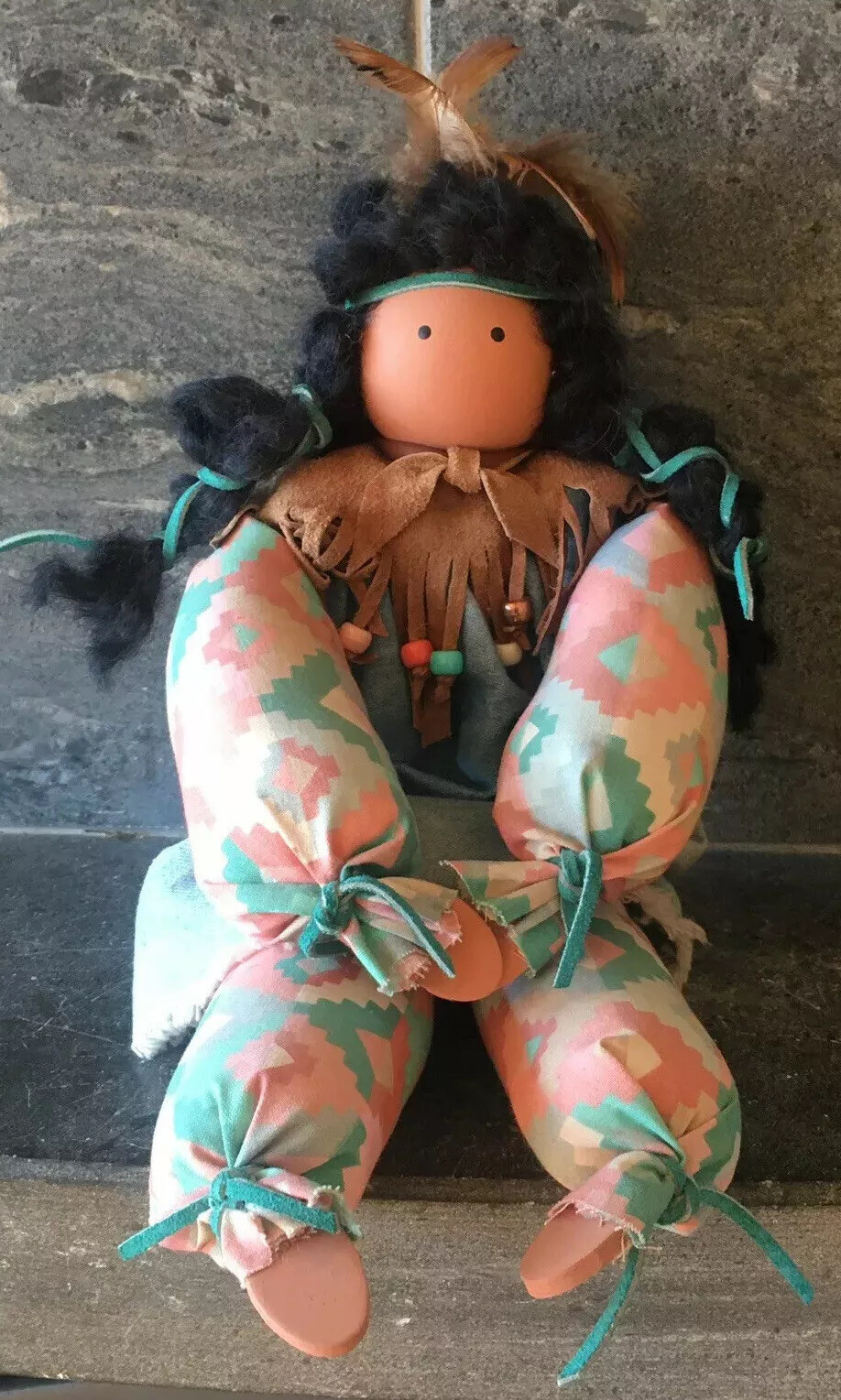 80s 90s Vtg Native Indian Wood Fabric Block Girl Rag Doll Shelf Sitter EUC