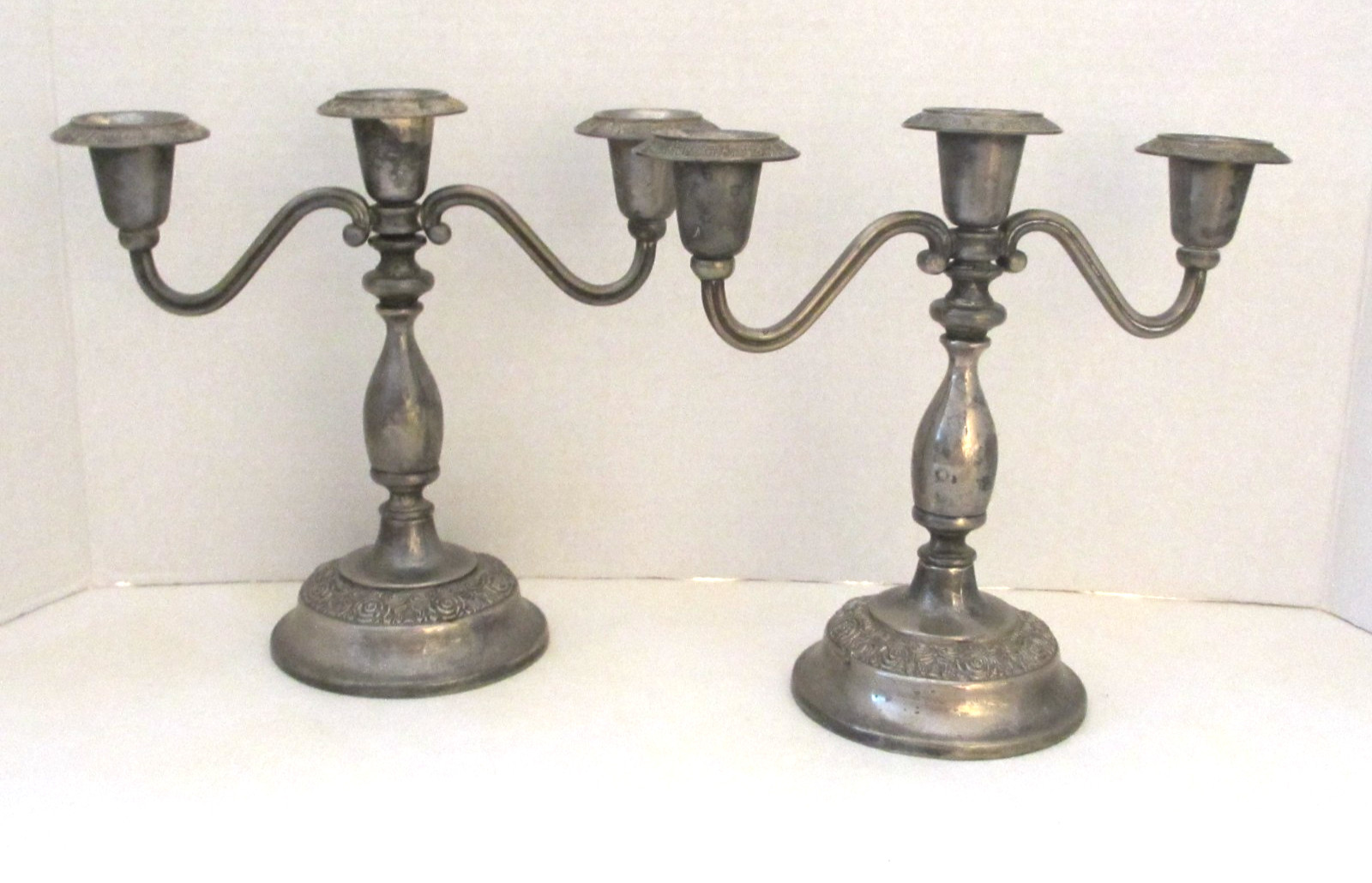Pair of Matching Silverplate 3 Arm Candelabras 8″H with Ornate Detail