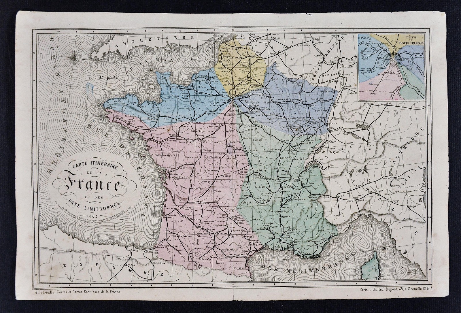 1865 Le Bealle Map – France Roads – Paris Plan Marseilles Bordeaux Lyon Tour de