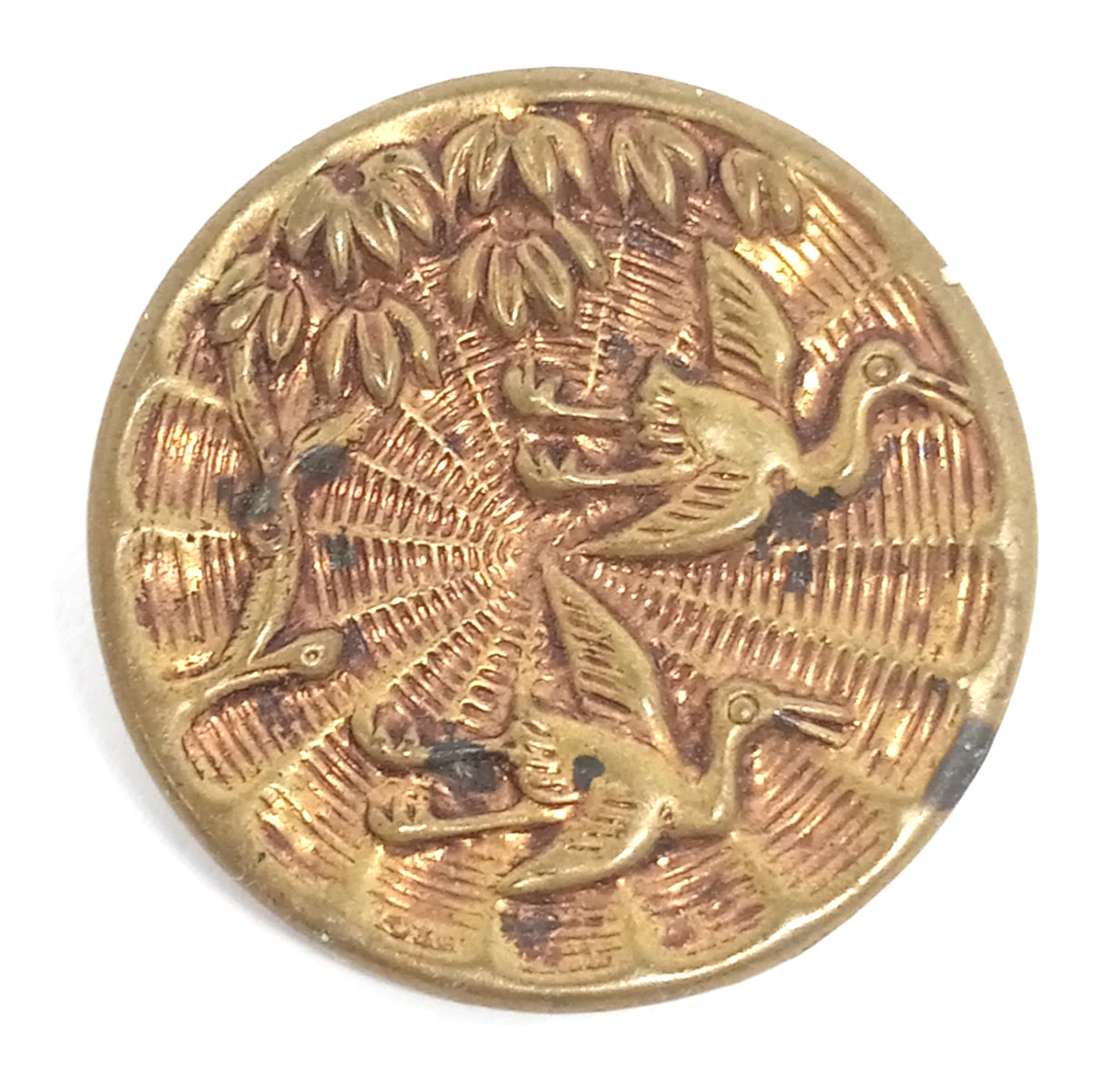 Vintage Gold Tone Birds and Flowers Asian theme 1 Inch Brass Button