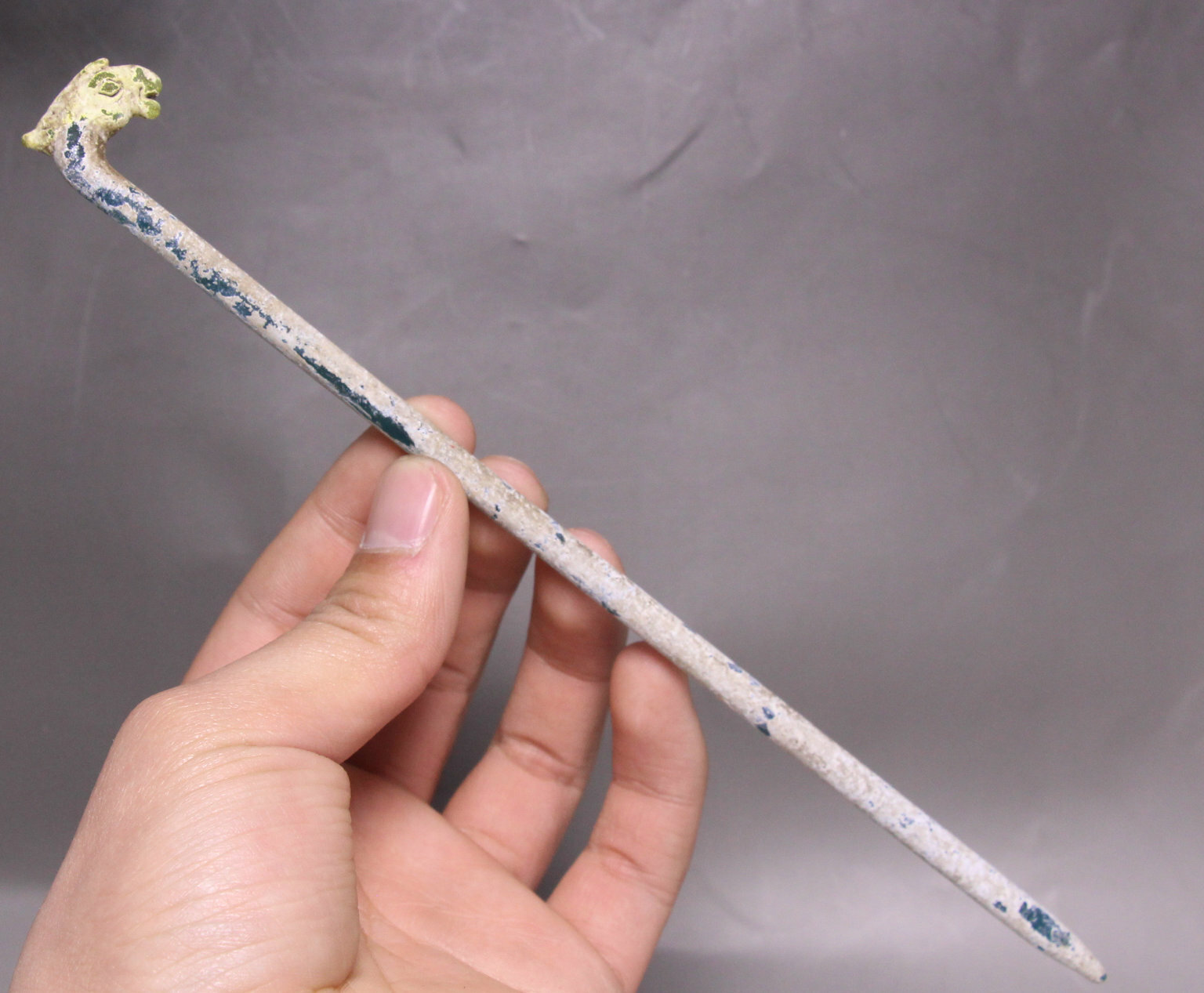 22.5CM Old Hongshan Culture Colored Glaze Animal Horse Head Hairpin Bodkin