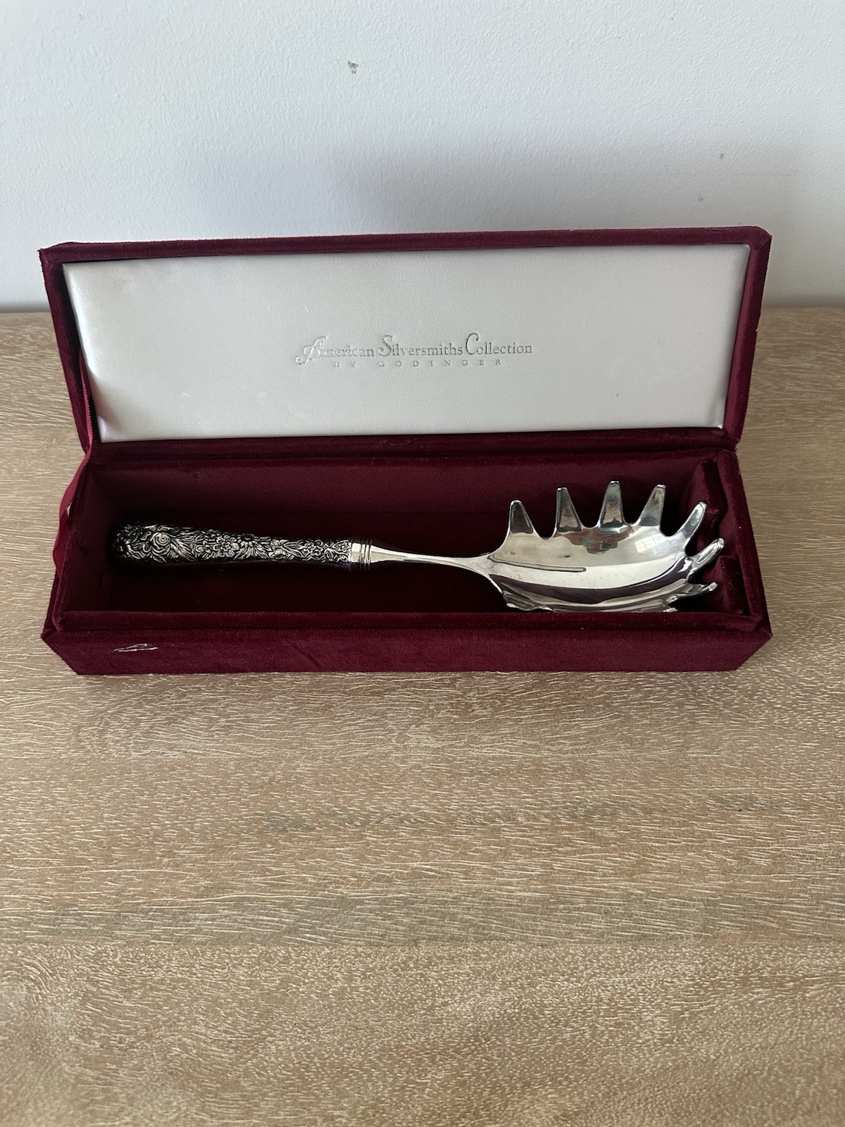 vintage Godinger silverplate pasta server in a Baroque style