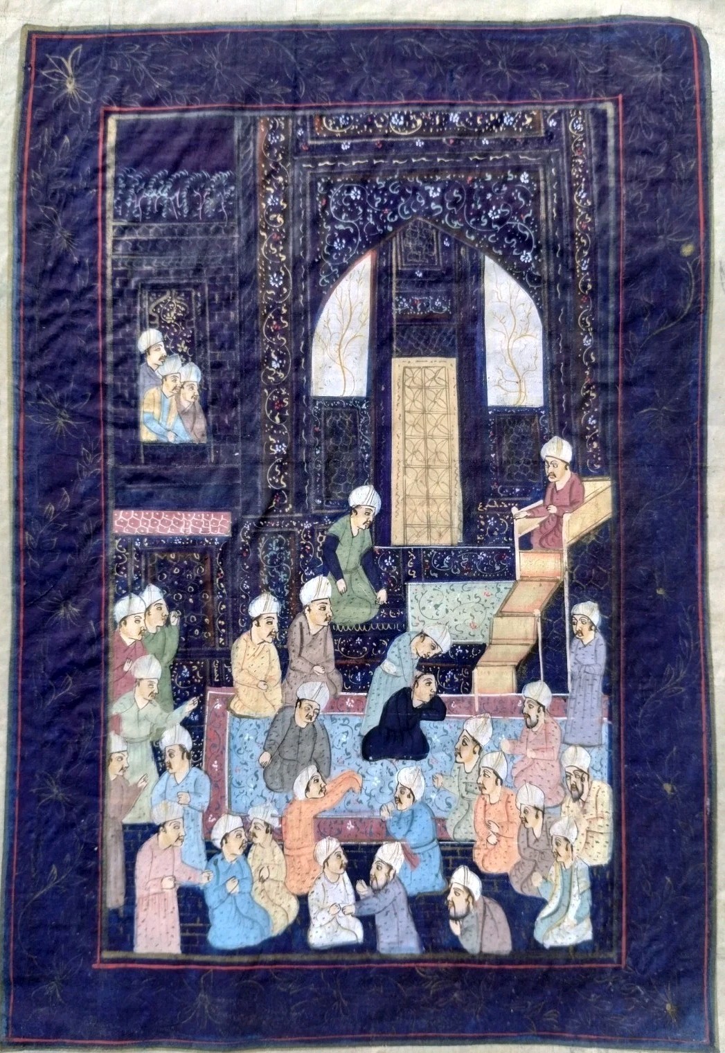 Antique Persian Painting On Silk Palace Court Scene