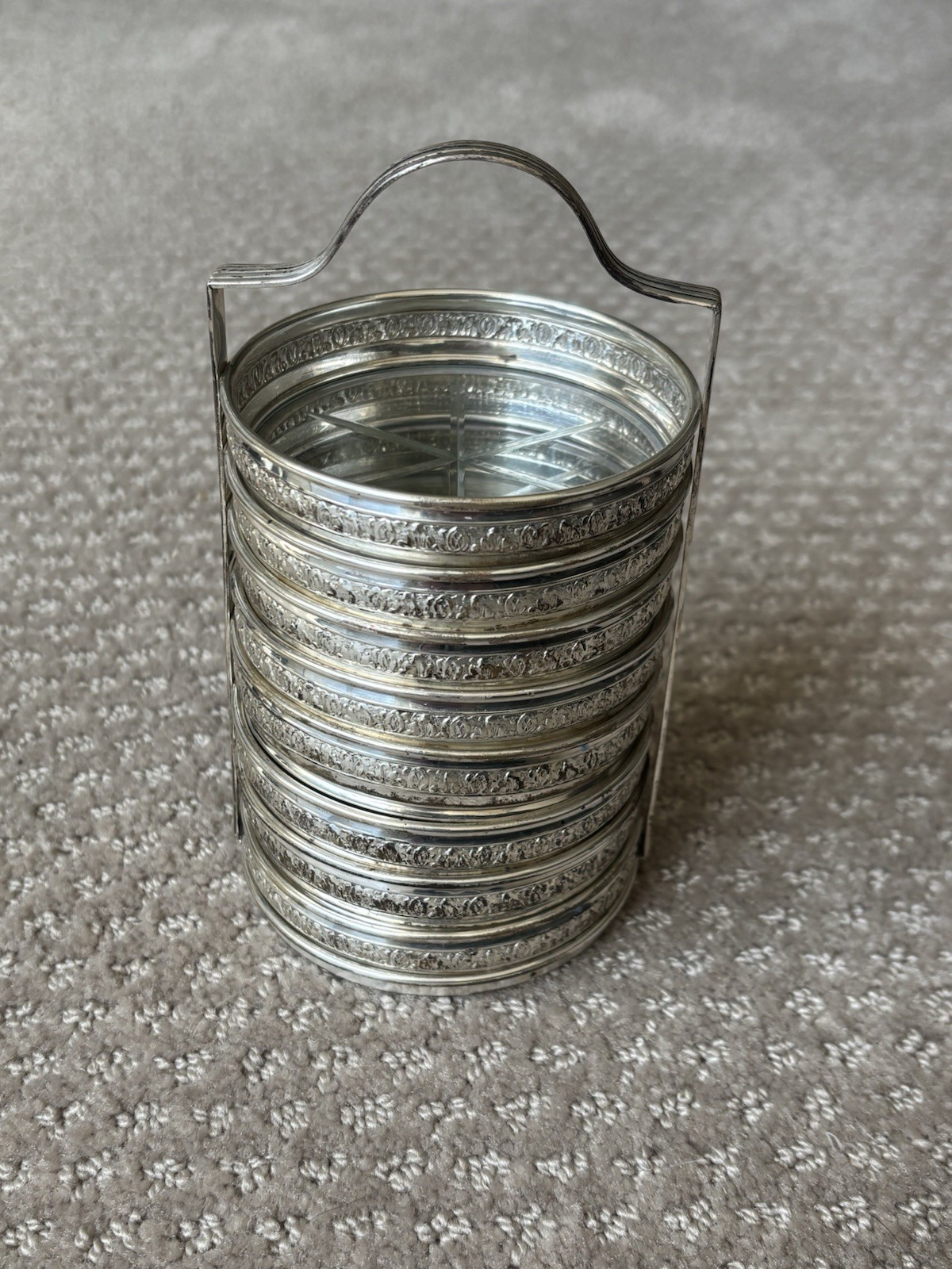 Vintage Birks Sterling Silver & Cut Glass Coaster Set of 8 with Caddy Stand