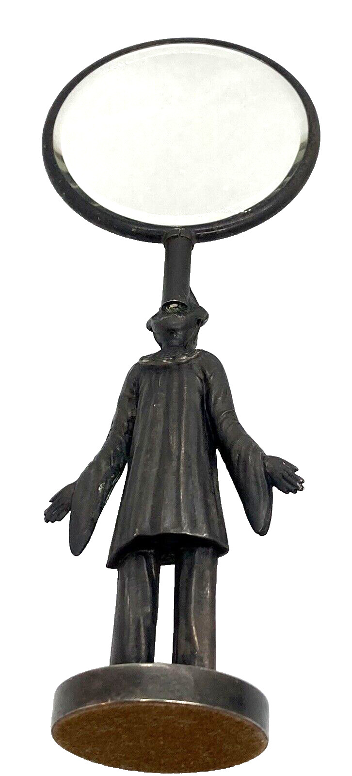 OLD SILVER ANTIQUE/VINTAGE SMALL VANITY TRAVEL MIRROR CLOWN PIERROT HANDLE, 7 in